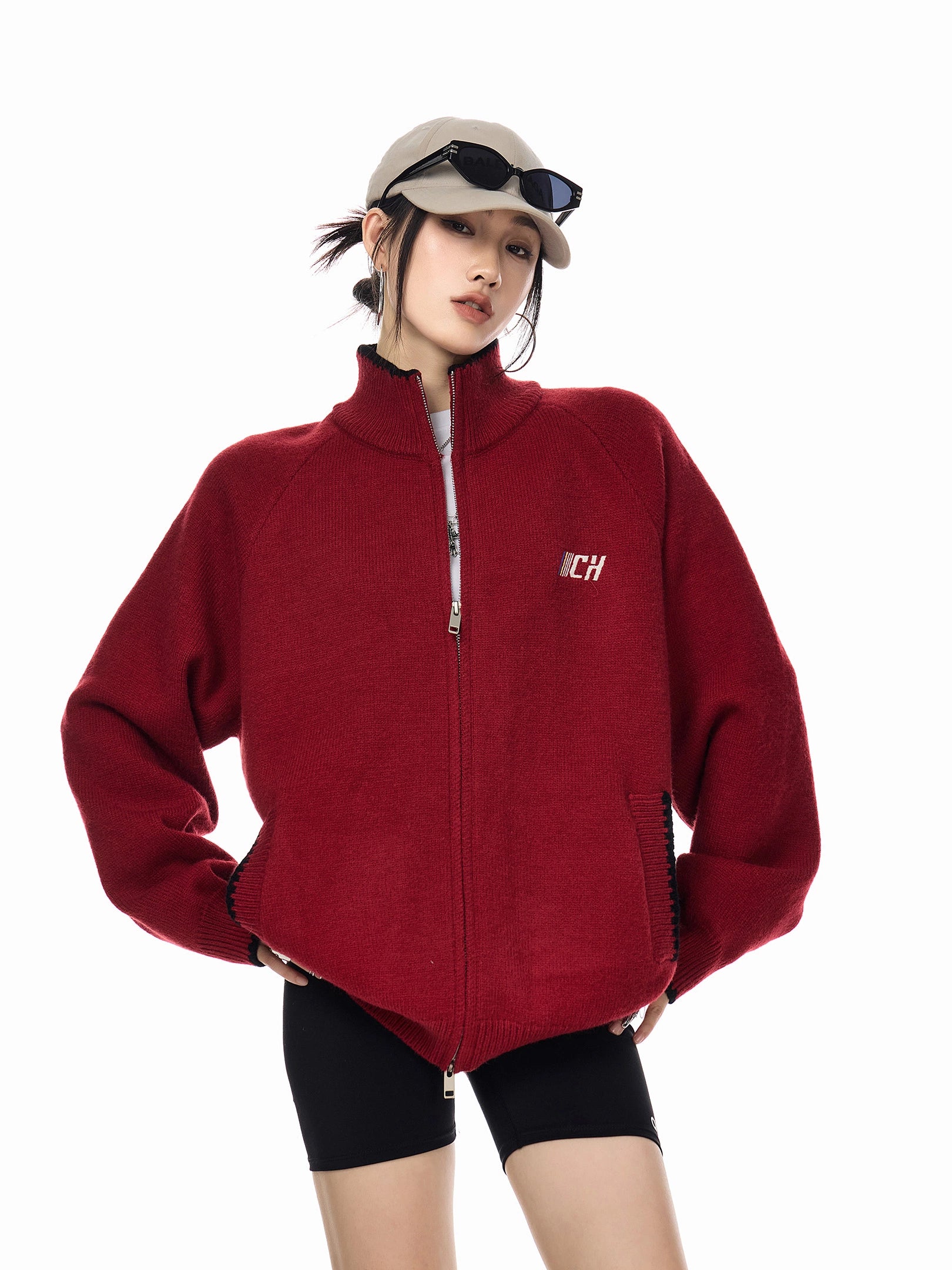 ICH MODE 美式复古撞色立领毛针织开衫女秋冬季宽松慵懒毛衣外套