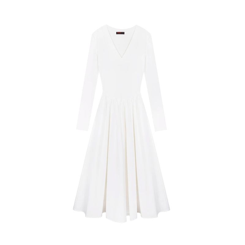 野生zerocircle黑白色v领长袖连衣裙女春夏辣妹修身显瘦a字长裙子