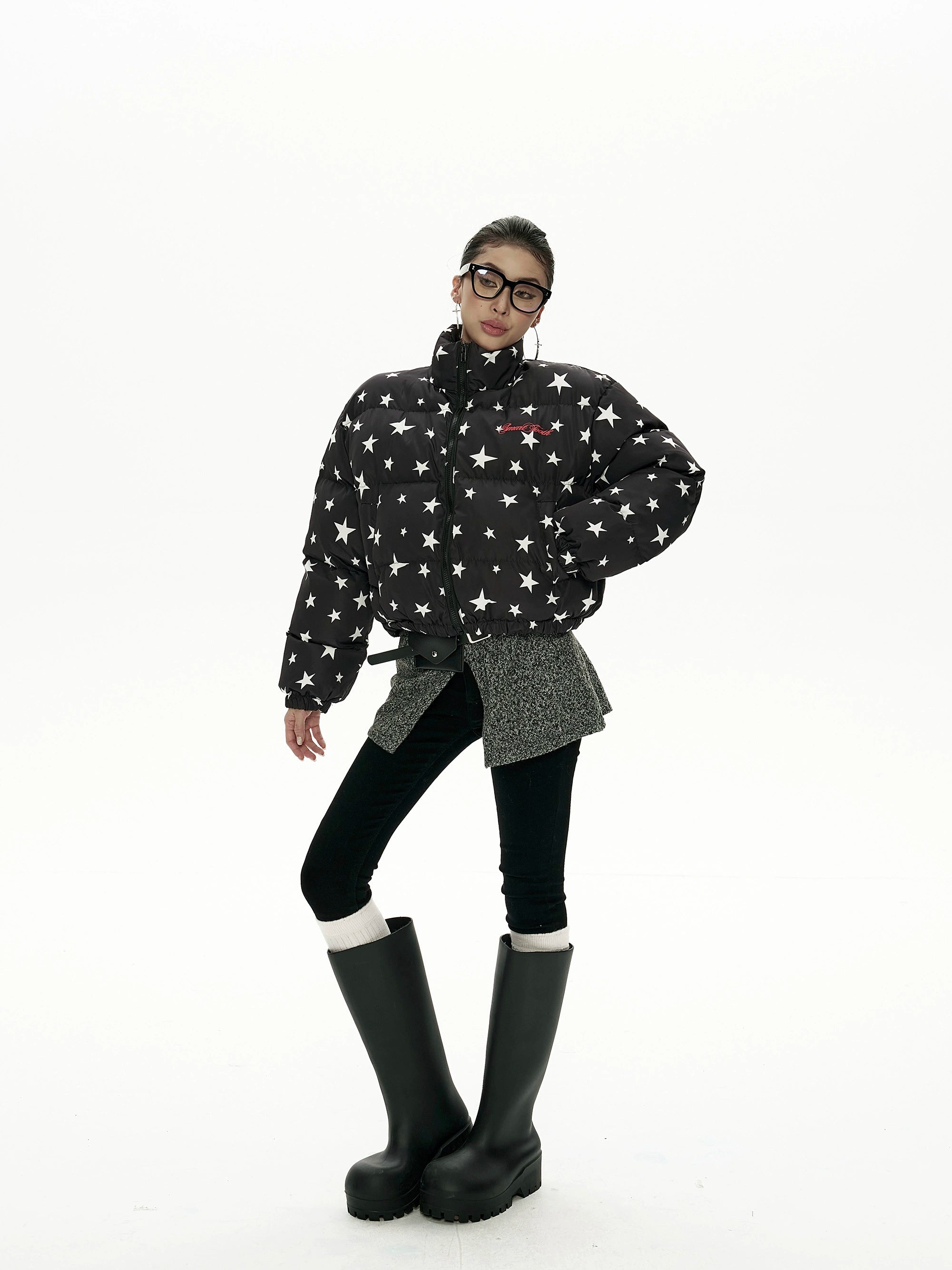 野生zero立领印花短款棉服女秋冬新款设计感小众宽松加厚棉衣外套