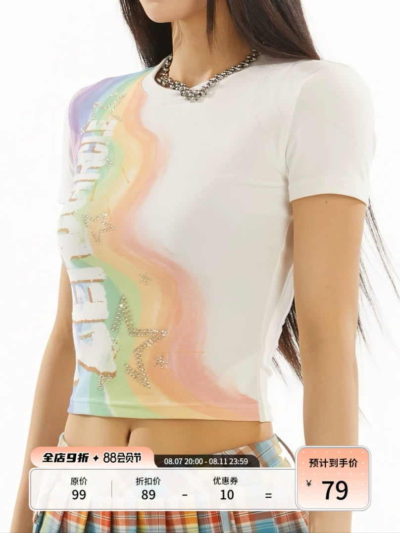 野生zero 白色印花烫钻正肩短袖t恤女夏季甜辣设计感修身显瘦上衣