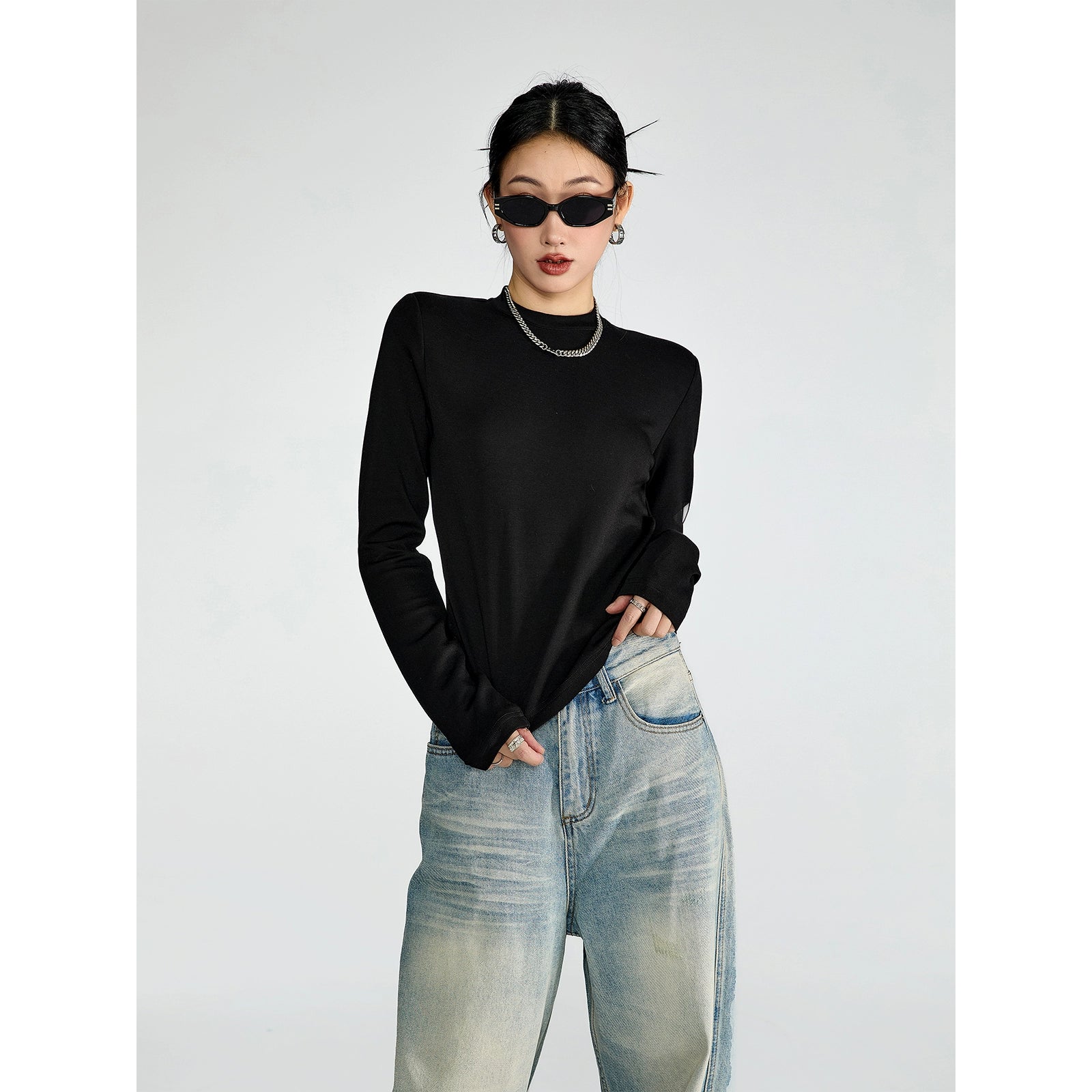 ICH MODE 美式复古修身长袖T恤女秋冬百搭宽松短款上衣纯色打底衫