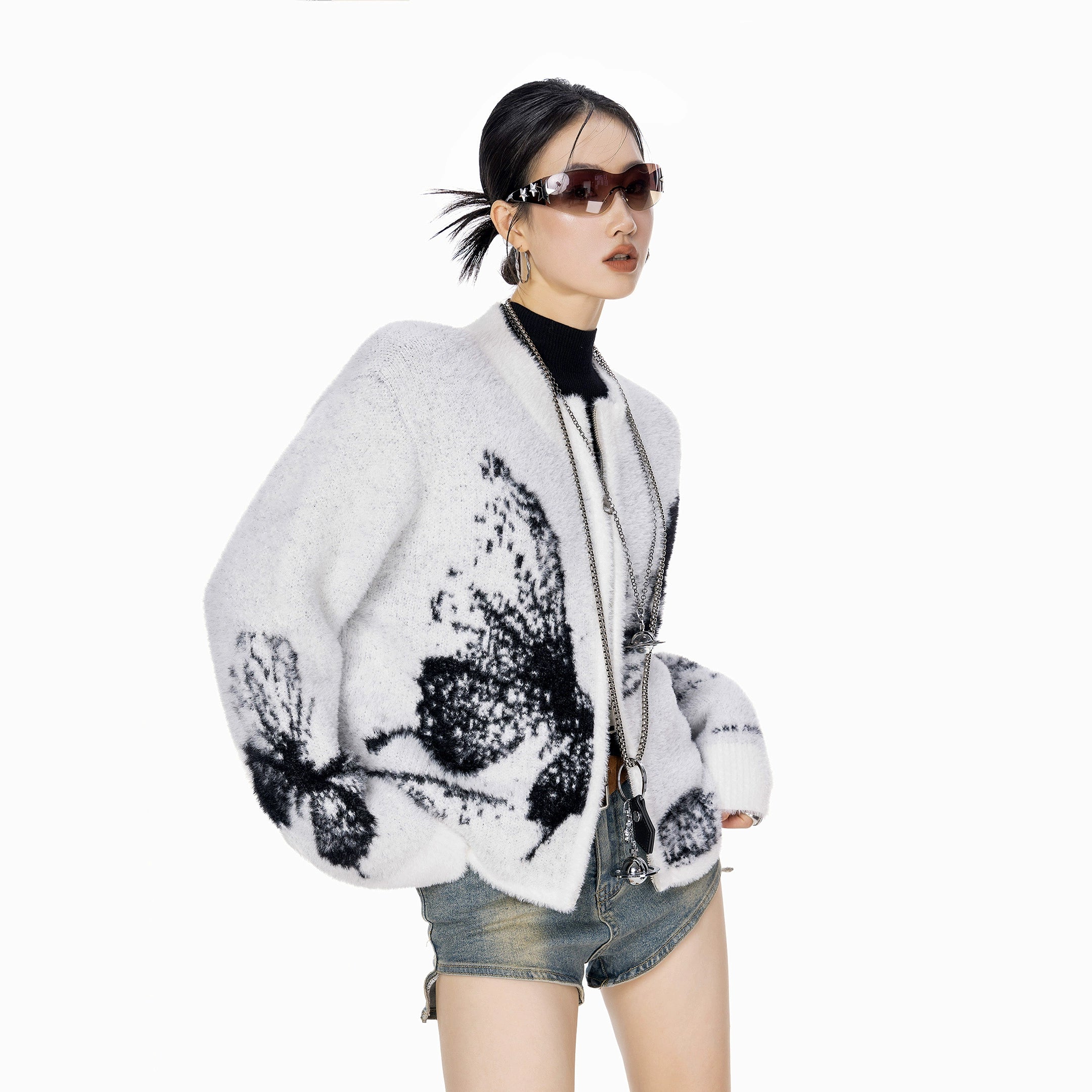 ICH MODE 美式复古提花蝴蝶针织开衫女秋冬双拉链宽松毛衣短外套