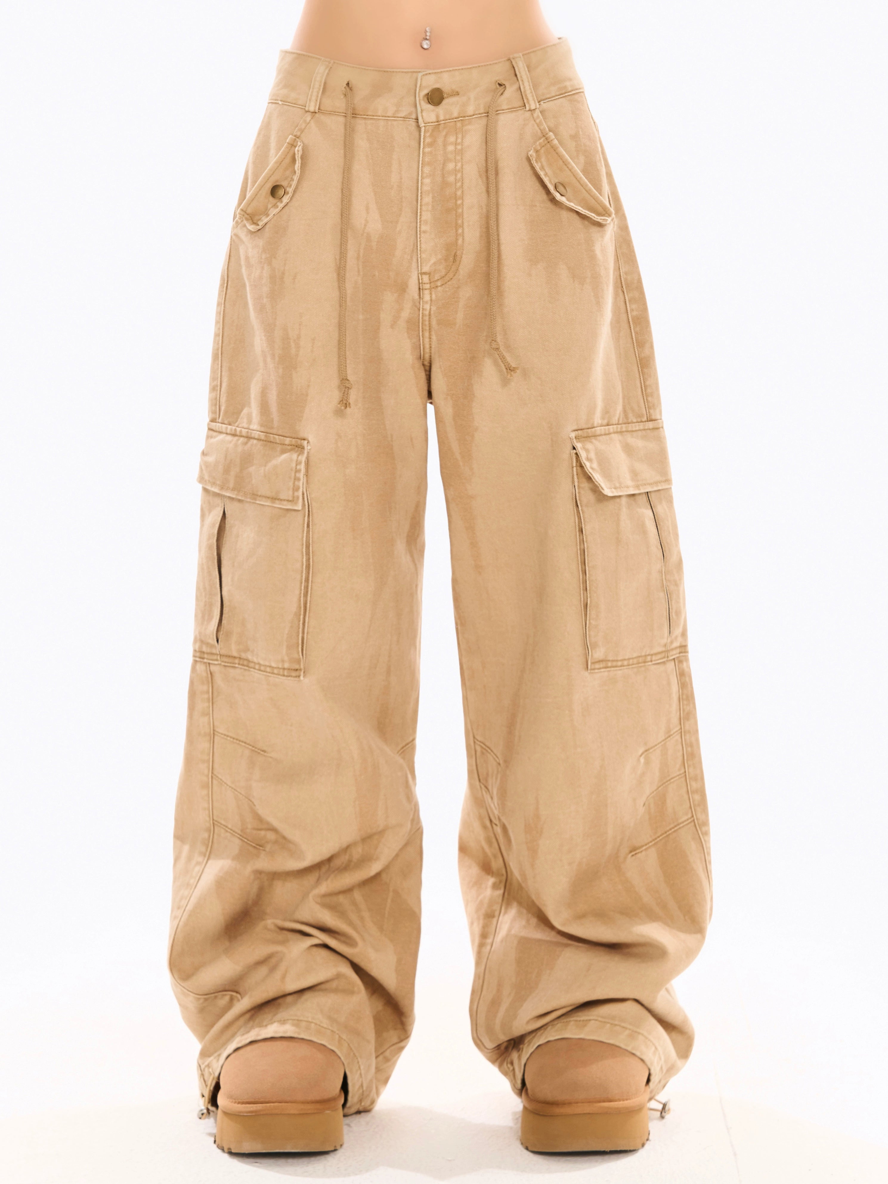 野生zerocircle卡其绿色工装裤女春美式宽松阔腿直筒休闲扎染裤子