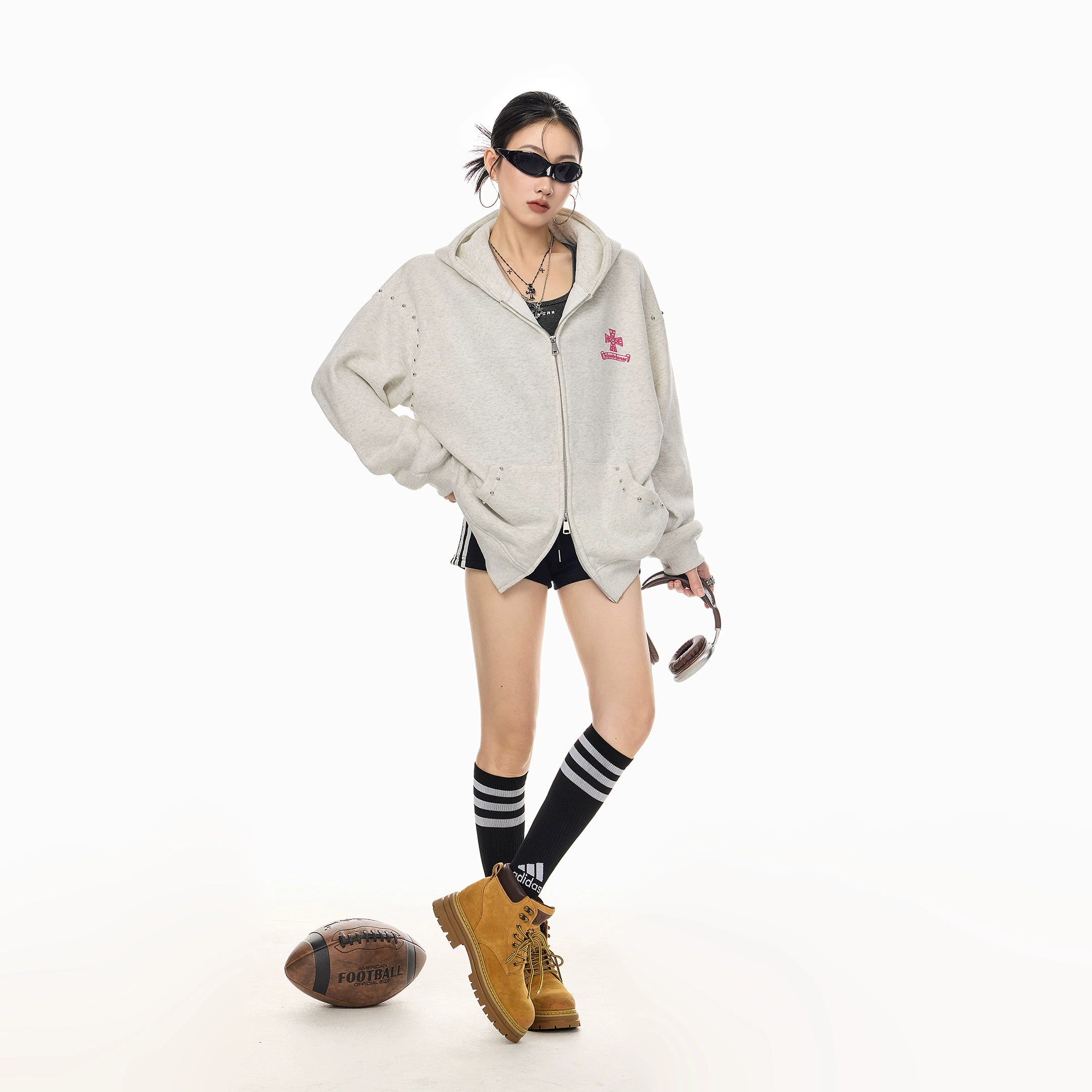 ICH MODE 美式哥特风复古钢珠加绒外套女秋冬季连帽上衣开衫卫衣