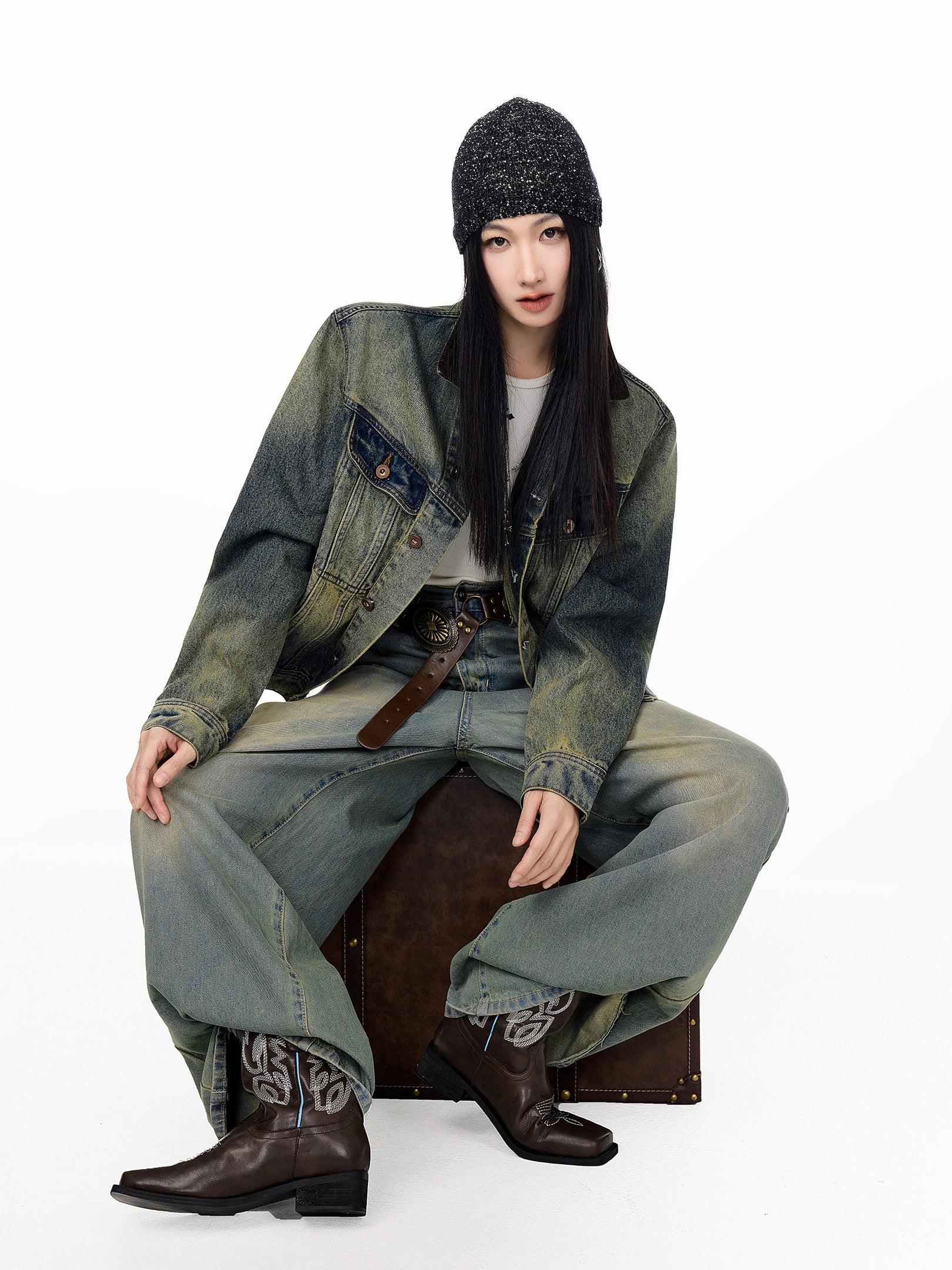 ICH MODE 美式复古水洗做旧牛仔外套女2025秋冬新款翻领夹克上衣