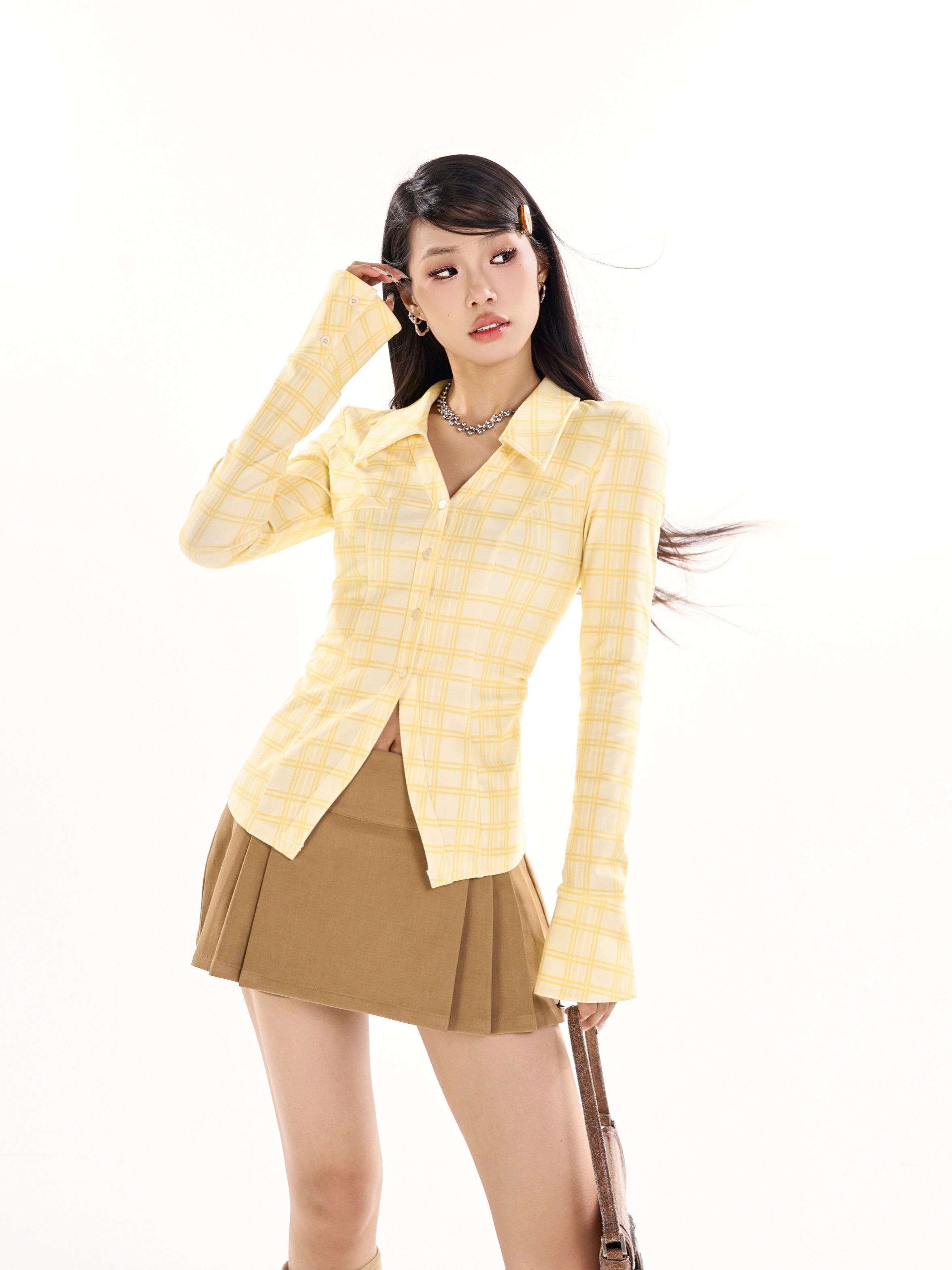 野生zerocircle 黄色格子v领长袖衬衫女春秋季修身收腰喇叭袖上衣
