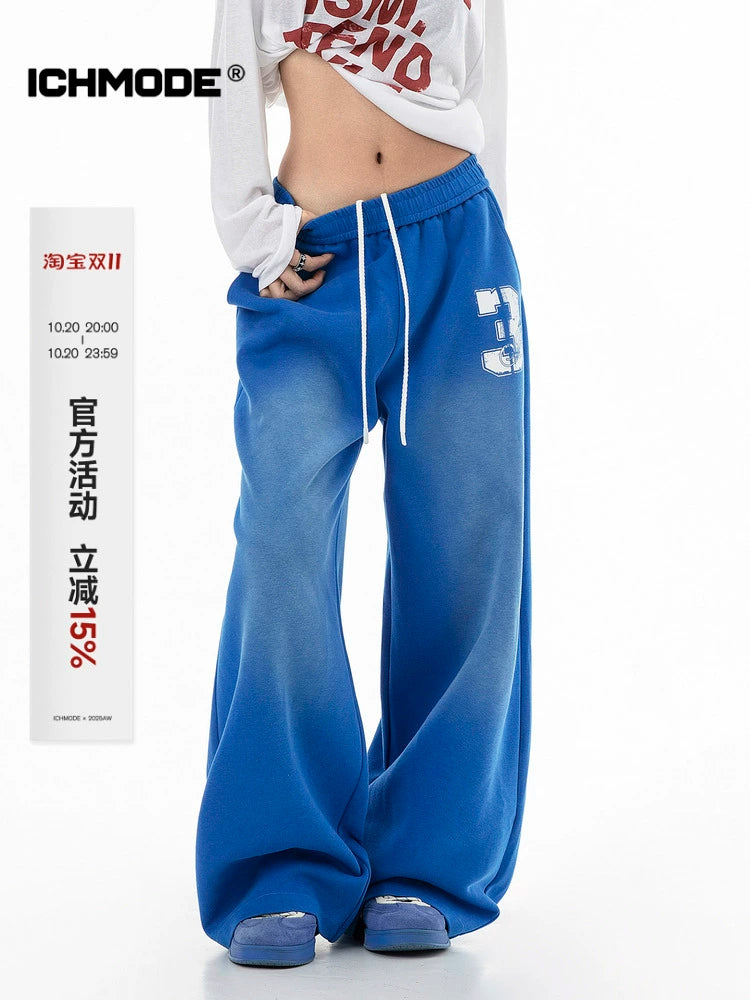 ICH MODE 美式复古水洗休闲裤女秋冬直筒裤宽松阔腿裤运动裤卫裤