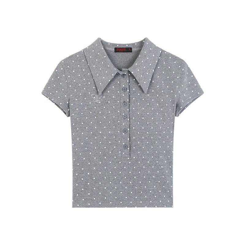 野生zerocircle 灰蓝色polo衫正肩波点短袖t恤女春夏修身短款上衣