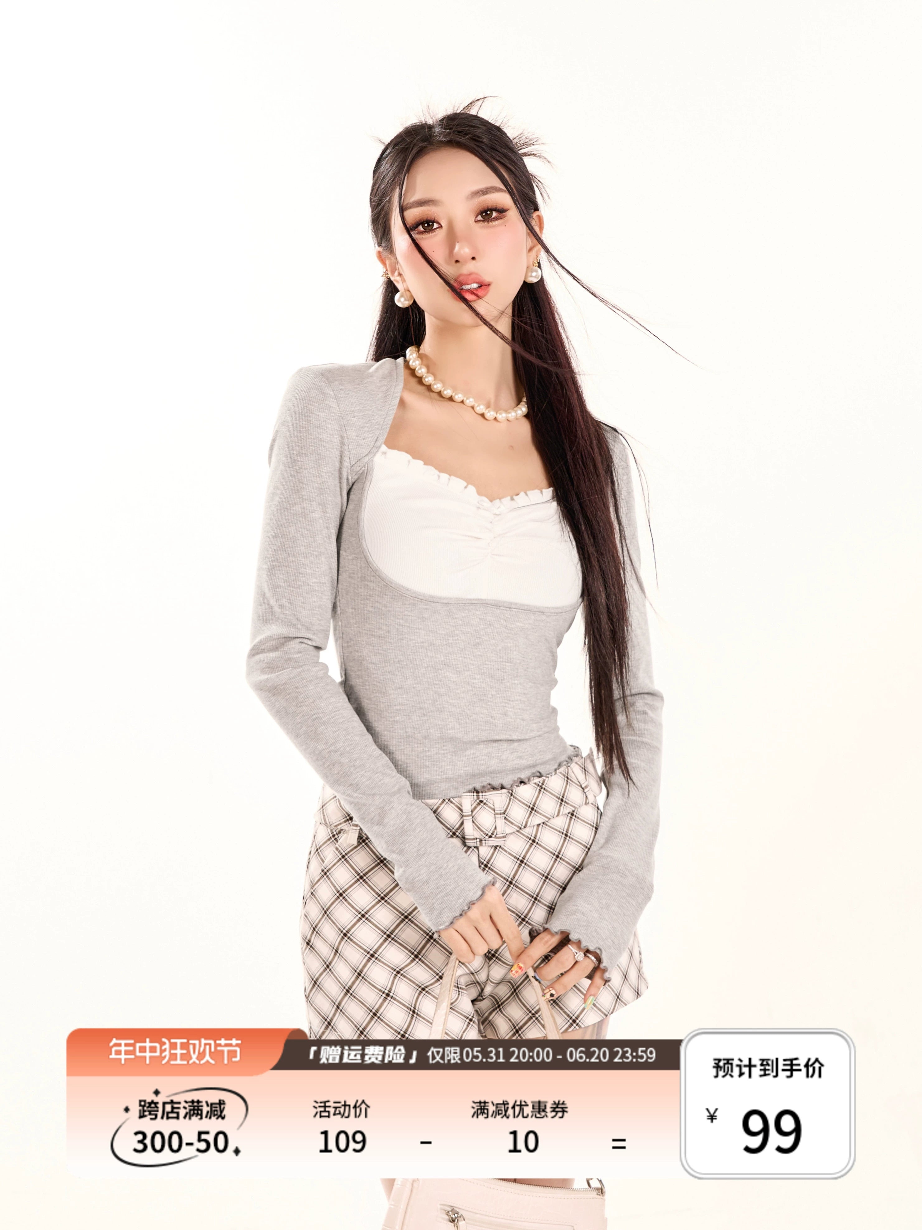 野生zerocircle灰色正肩长袖t恤女春秋辣妹修身显瘦v领假两件上衣