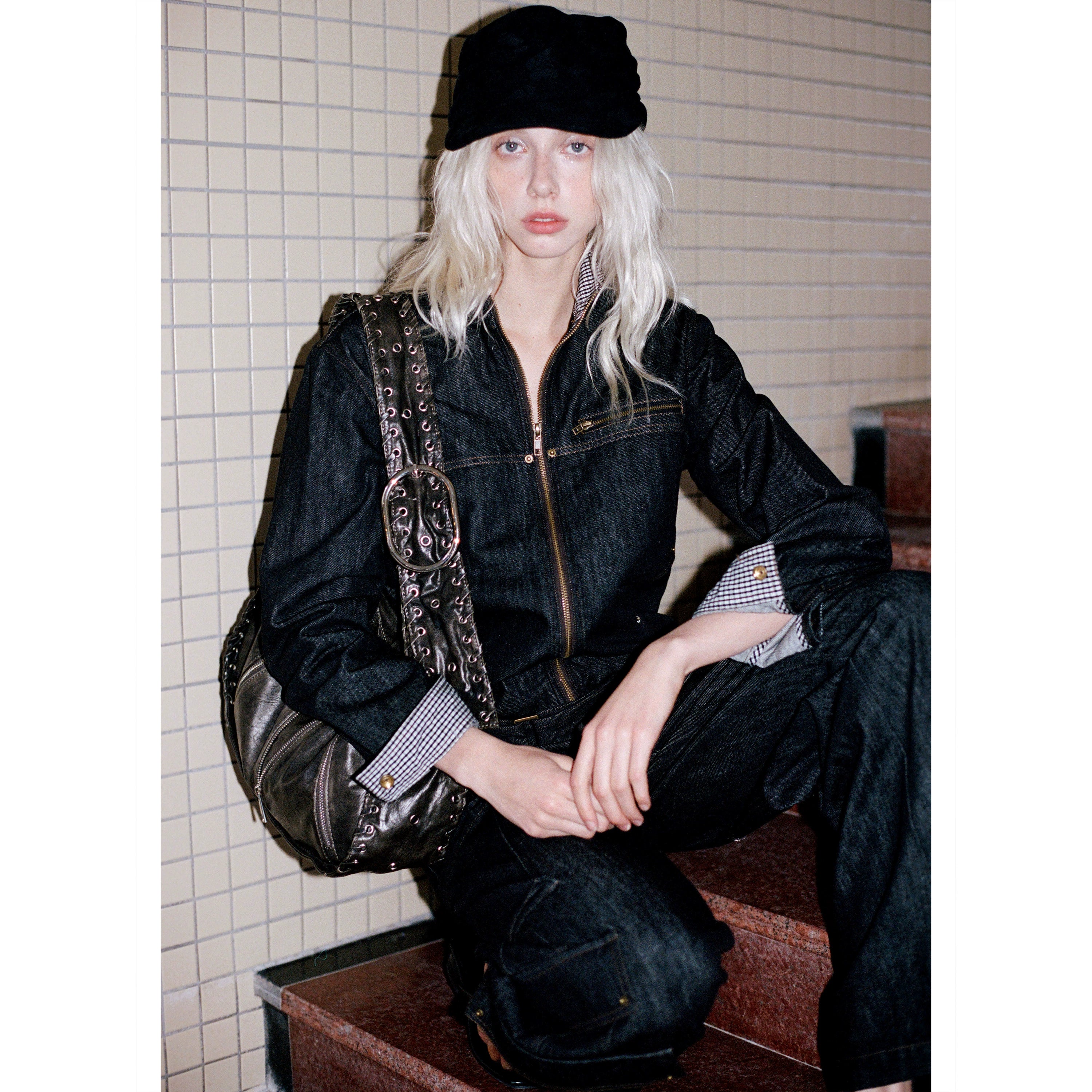 2th Desire复古立领撞色拼接工装机车夹克宽松廓形原牛牛仔外套女