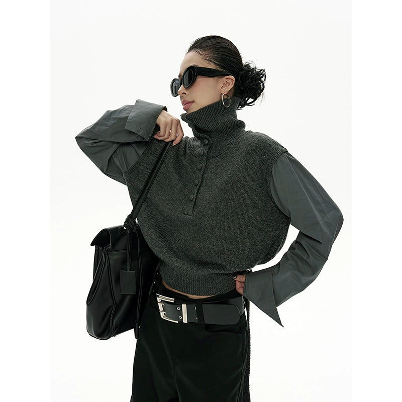 野生zero短款高领毛衣女秋冬新款设计感小众显瘦拼接长袖上衣外套