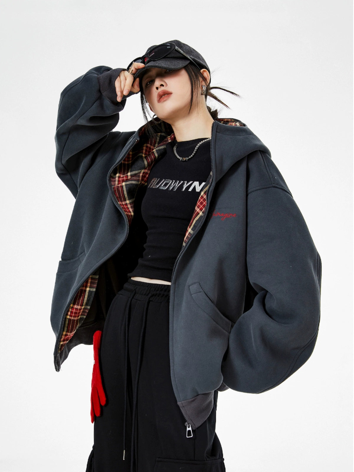 ICH MODE 明星同款 美式格子拼接卫衣外套女秋冬季运动开衫上衣