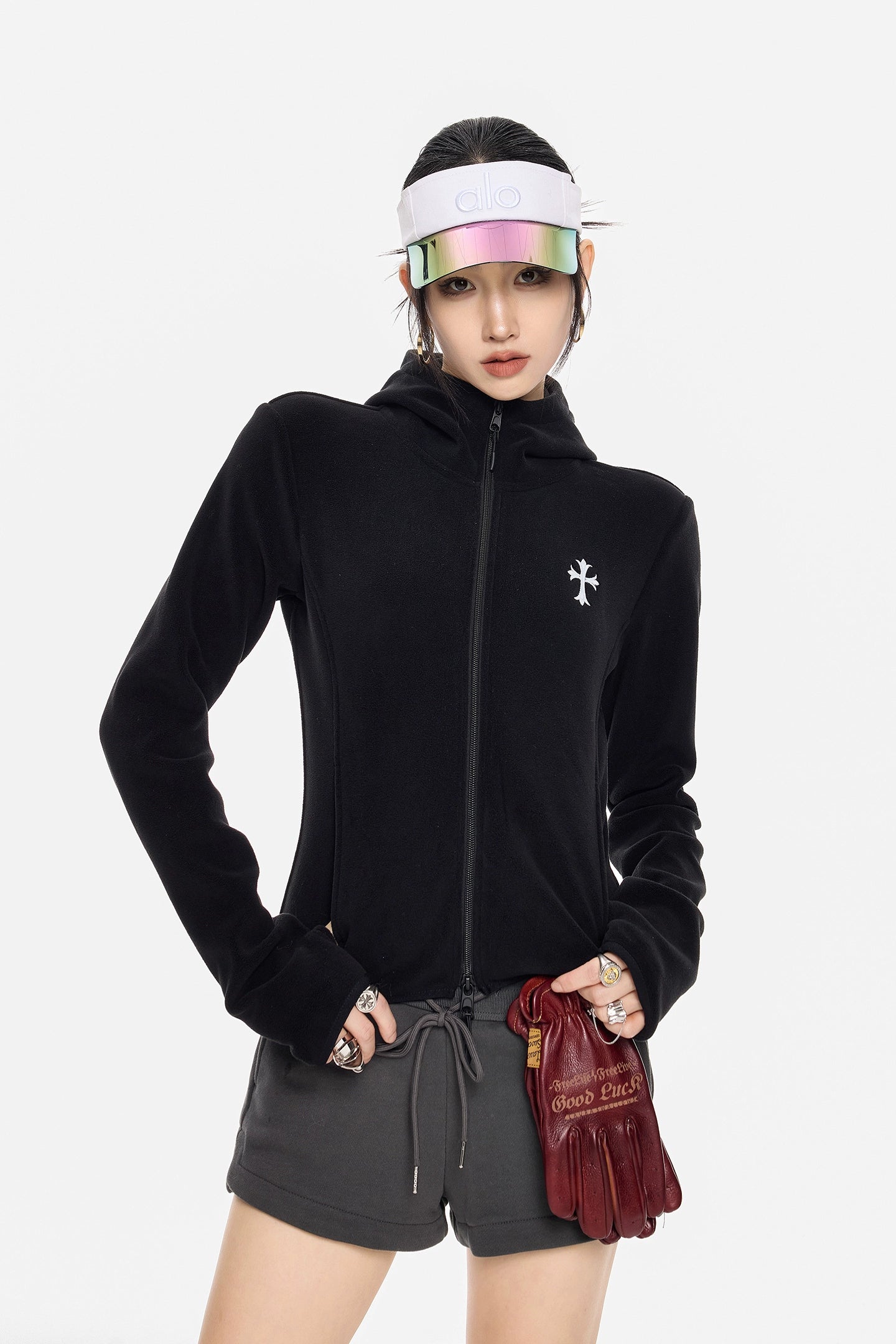 ICH MODE 美式复古摇粒绒短外套女新款秋冬连帽开衫卫衣修身上衣