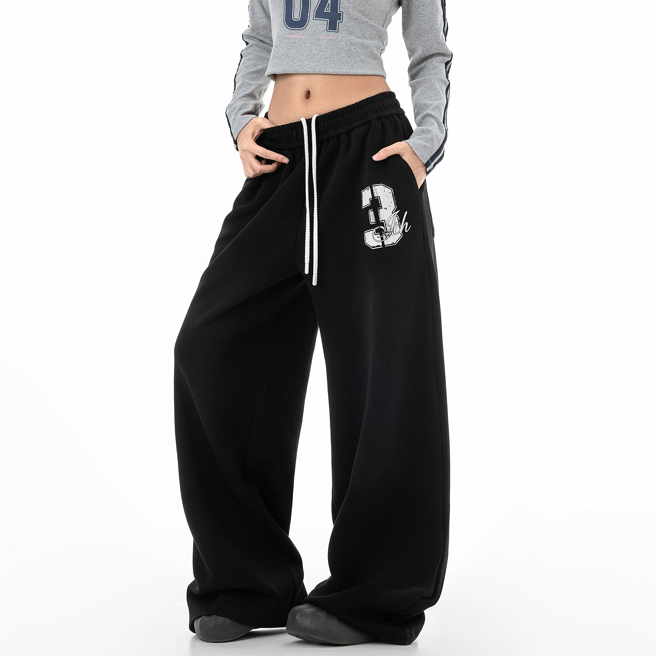 ICH MODE 美式复古水洗休闲裤女秋冬直筒裤宽松阔腿裤运动裤卫裤