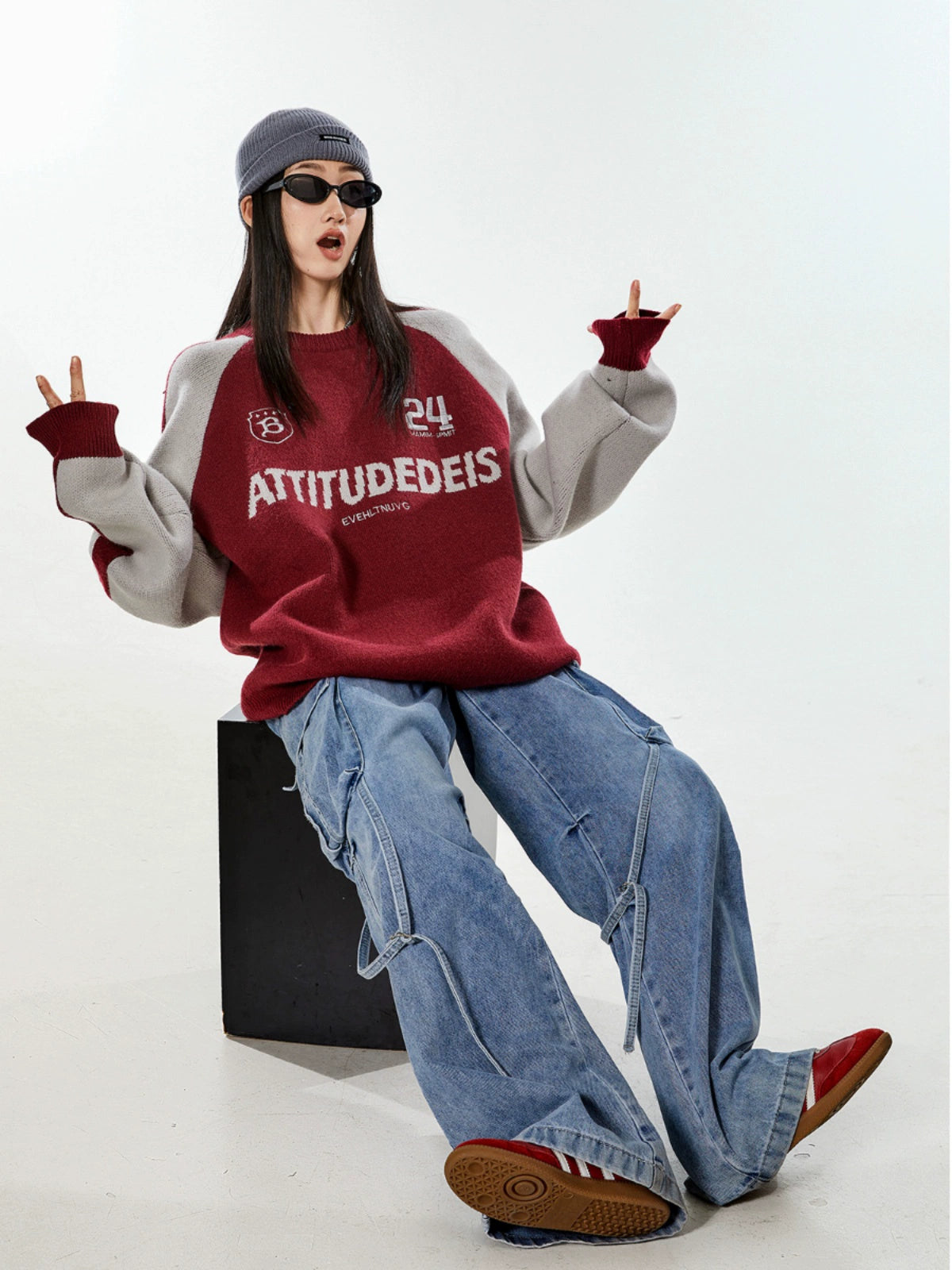 ICH MODE 美式复古撞色红色毛衣秋冬女宽松慵懒风针织衫外套新款