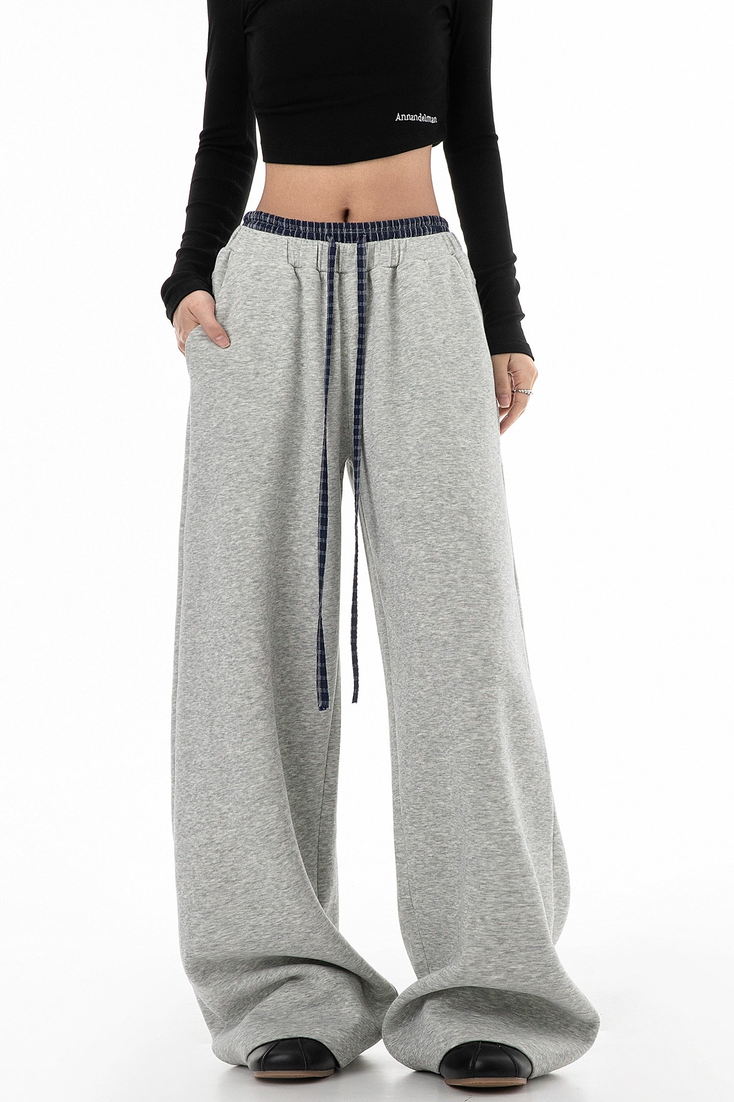 ICH MODE 美式复古格子拼接休闲裤女宽松直筒运动裤百搭阔腿卫裤