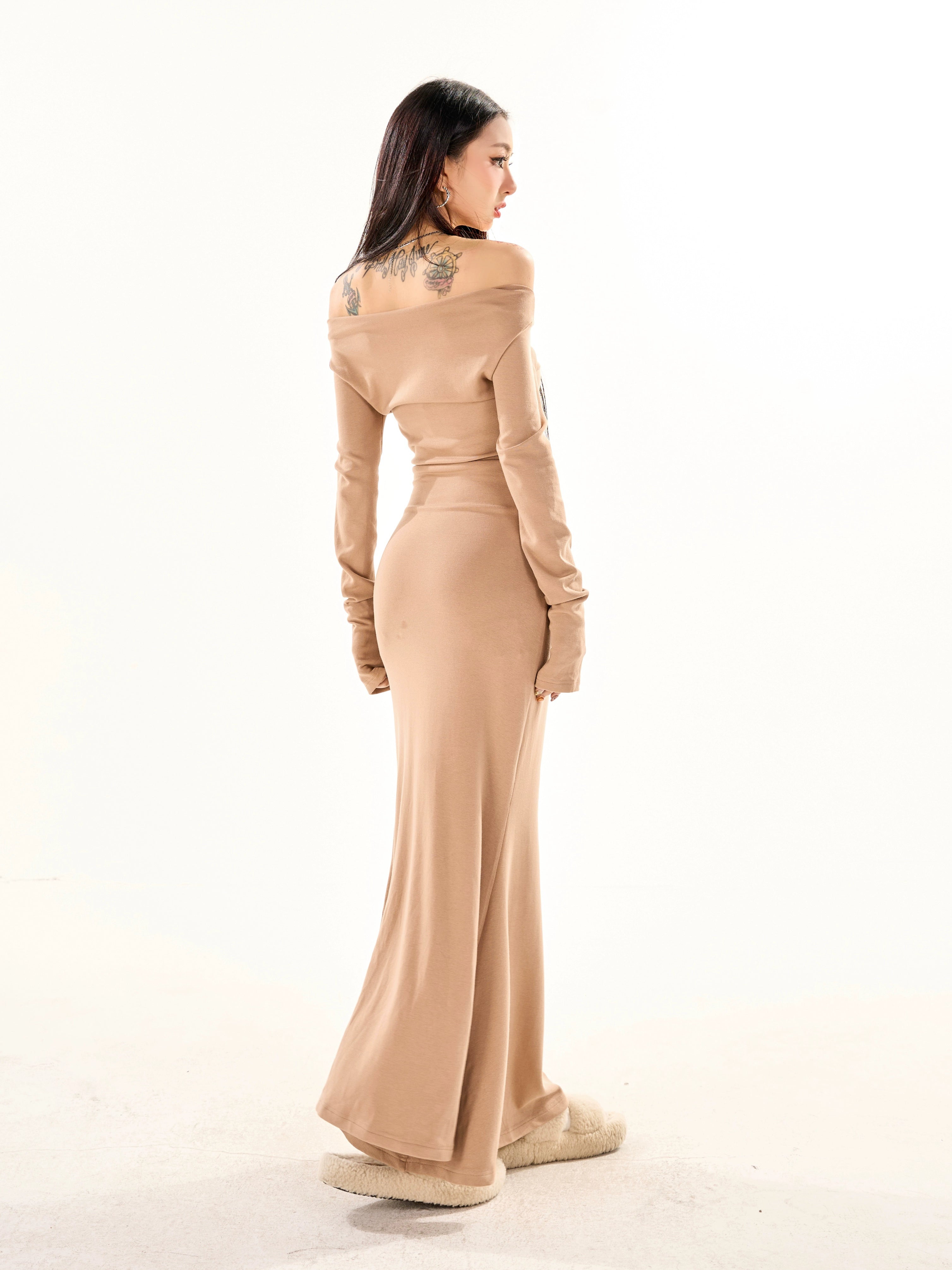 野生zerocircle黑灰绿卡其色一字肩长袖连衣裙女春季收腰显瘦裙子