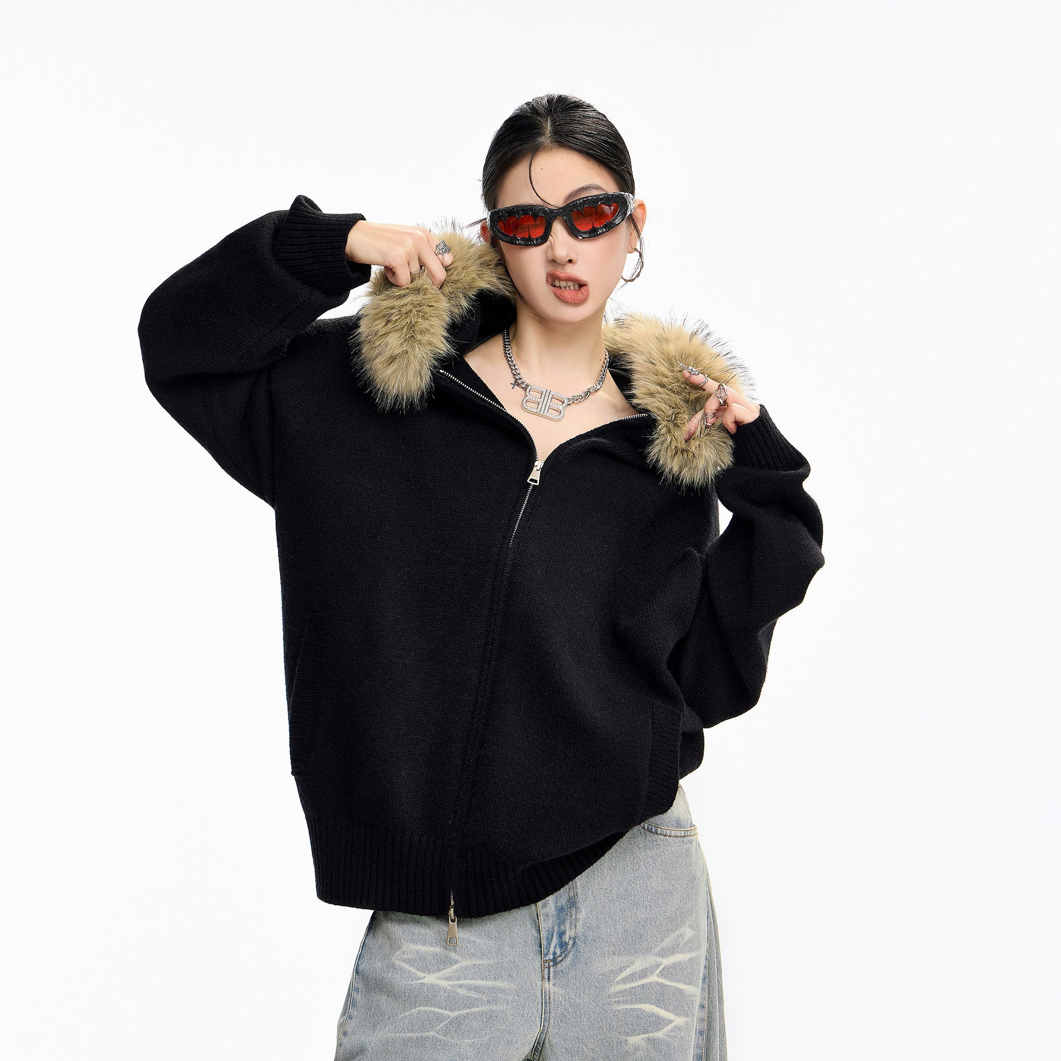 ICH MODE 美式复古毛领毛衣外套女秋冬宽松开衫连帽毛针织衫上衣