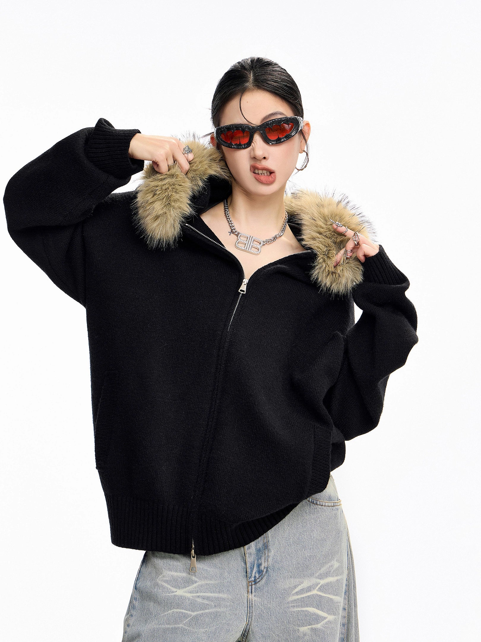 ICH MODE 美式复古毛领毛衣外套女秋冬宽松开衫连帽毛针织衫上衣