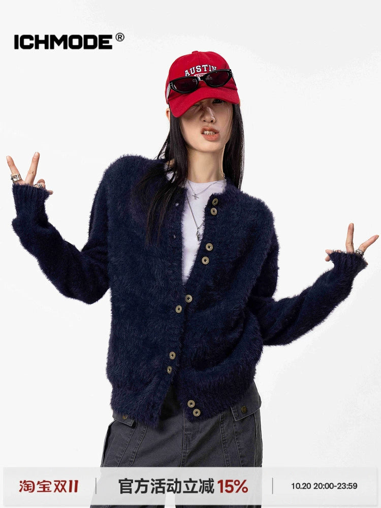 ICH MODE 美式复古毛针织衫女2025新款秋冬外搭毛衣开衫外套上衣