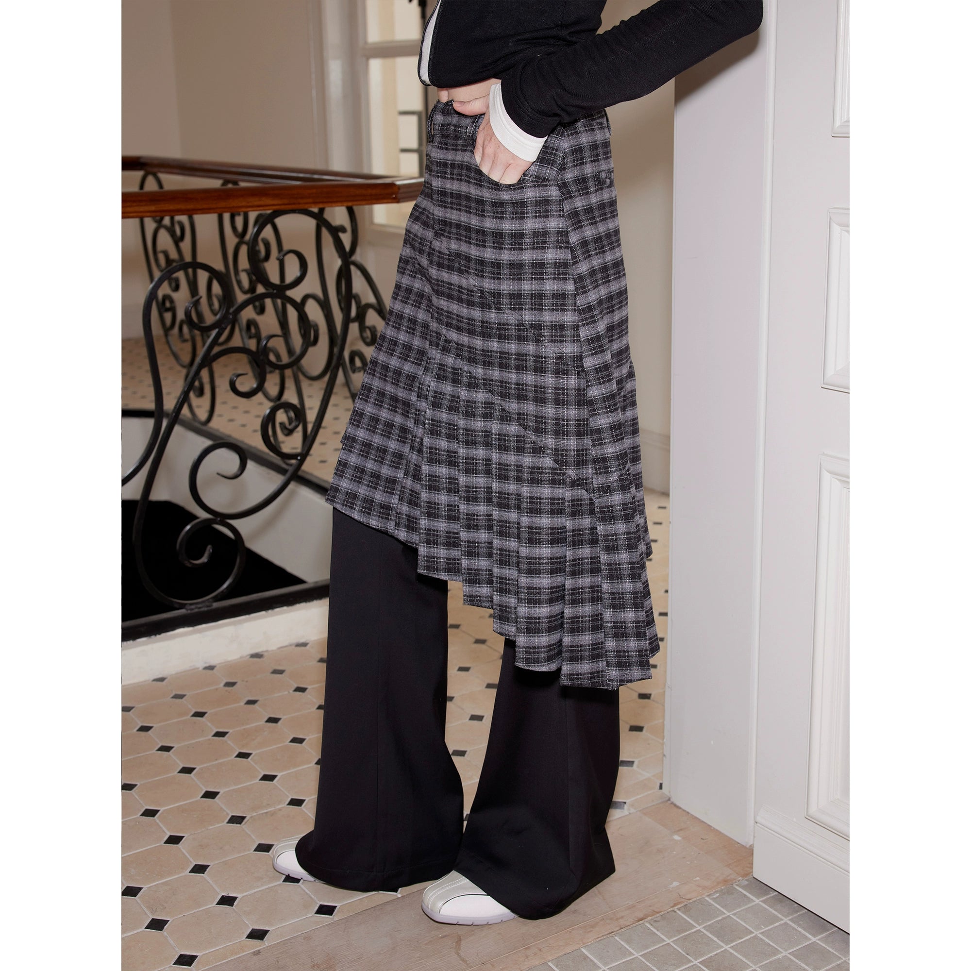 2th Desire叠穿神器格纹拼接设计感假两件微喇麂皮休闲西装裙裤女