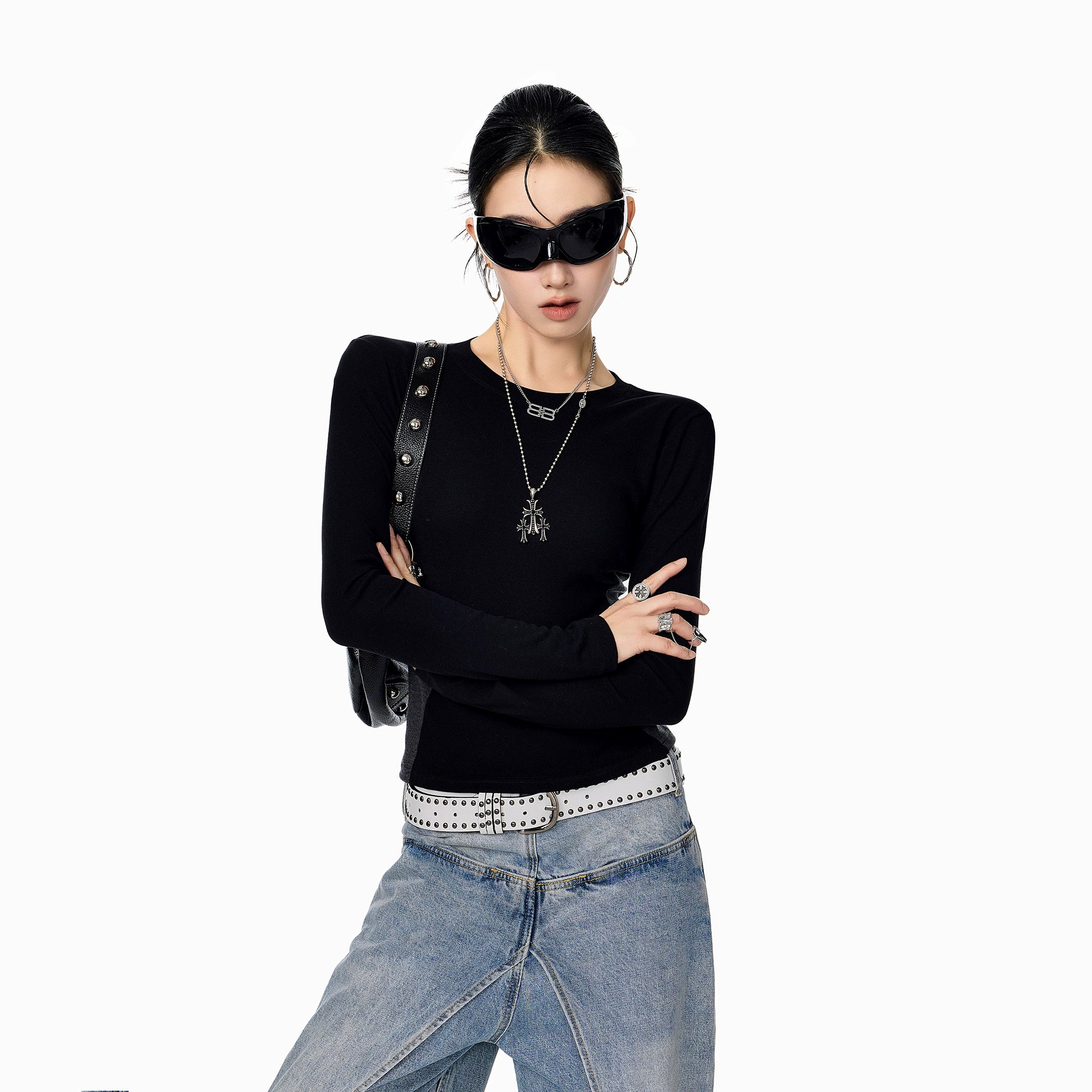 ICH MODE 美式复古撞色长袖T恤女秋冬修身内搭打底衫圆领正肩上衣