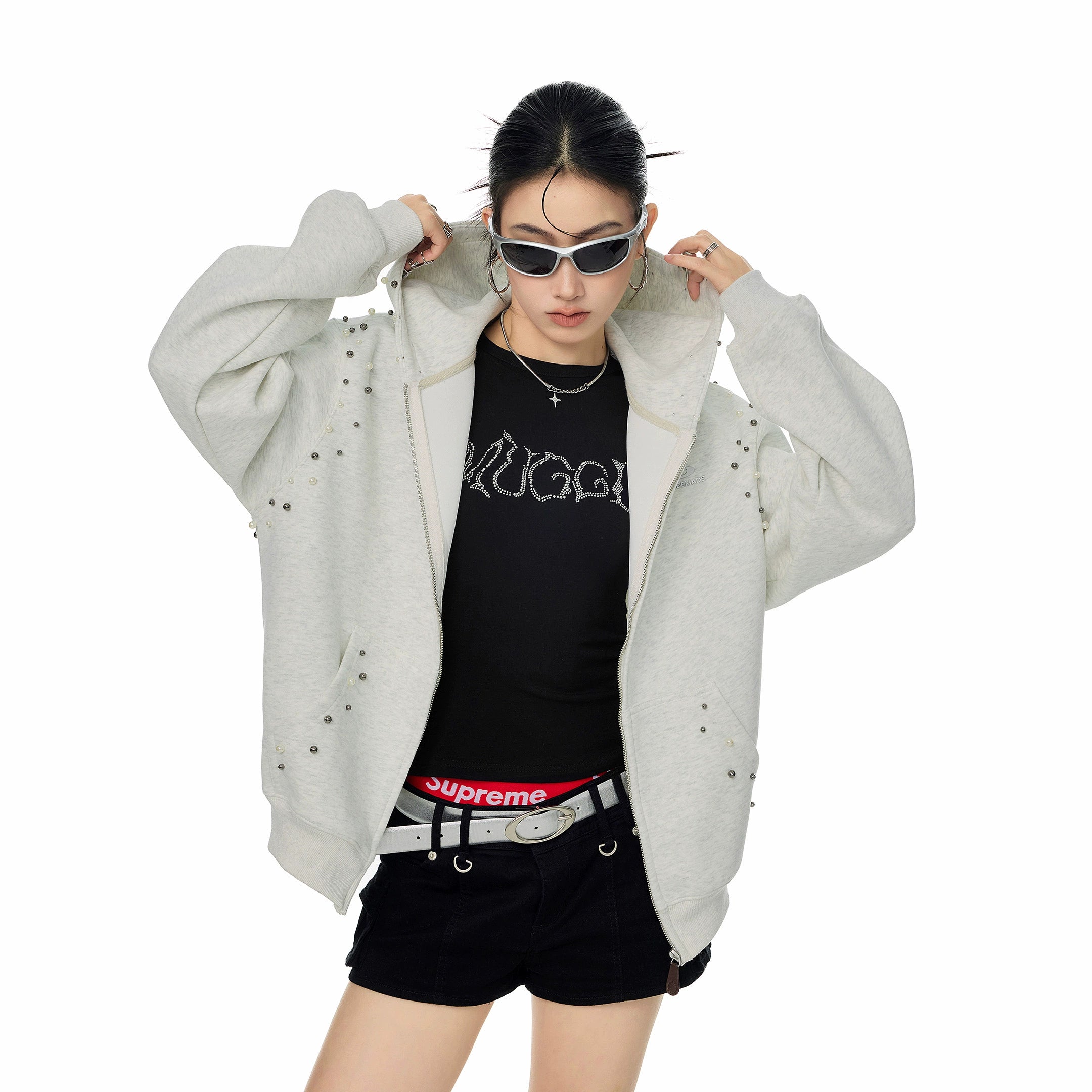 ICH MODE 美式复古珍珠连帽外套女2025新款秋冬宽松卫衣开衫上衣