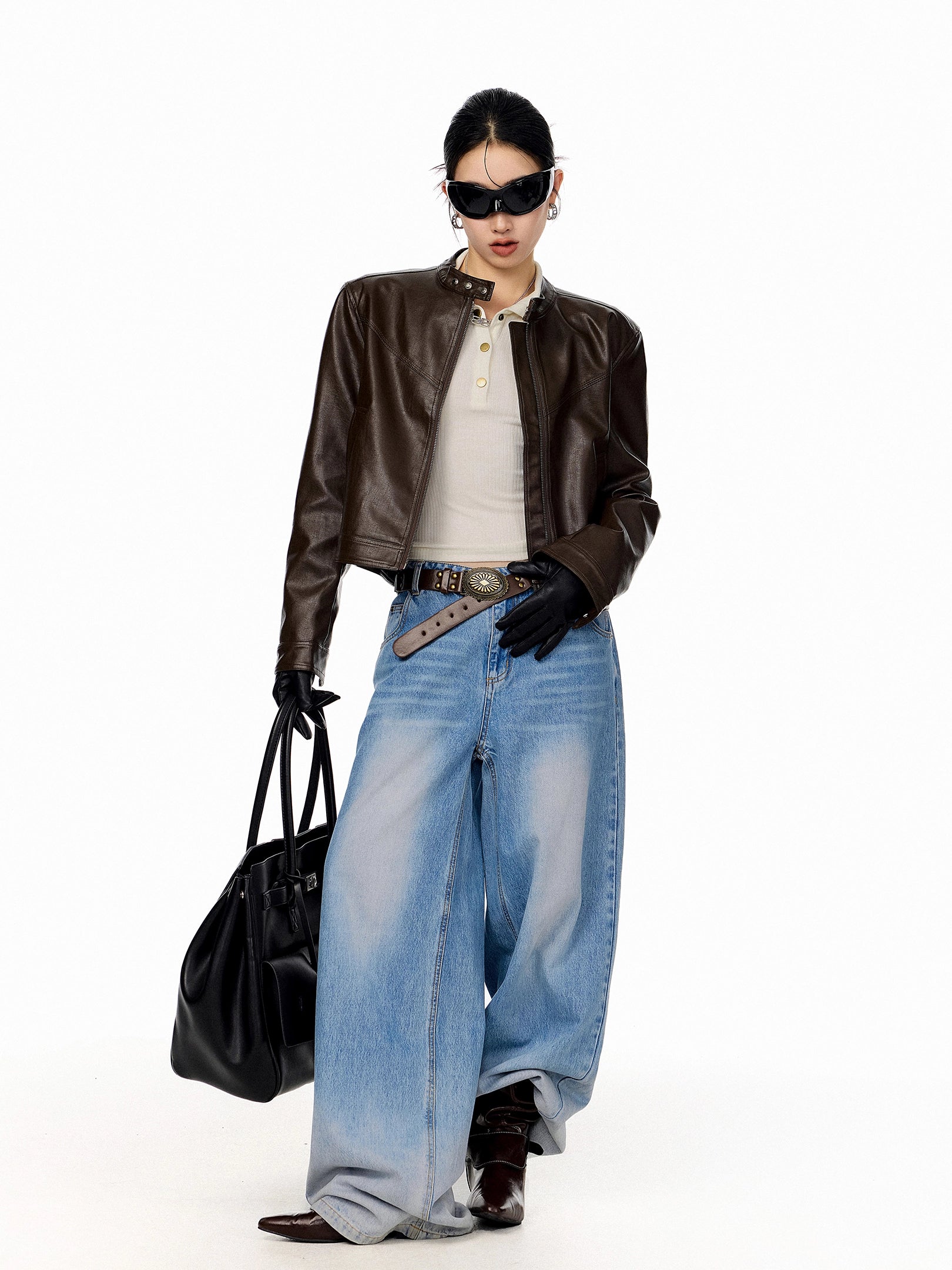 ICH MODE 美式复古棕色立领皮衣外套女秋冬新款机车皮夹克短上衣