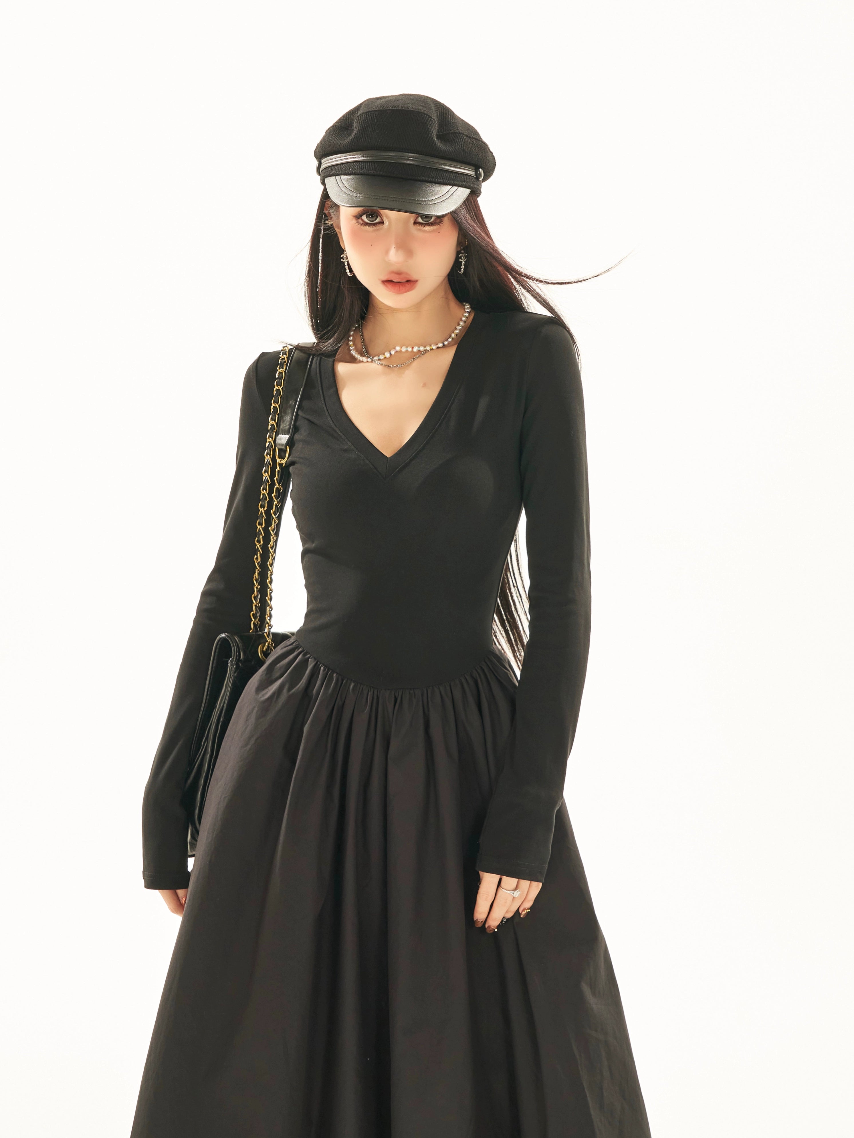 野生zerocircle黑白色v领长袖连衣裙女春夏辣妹修身显瘦a字长裙子