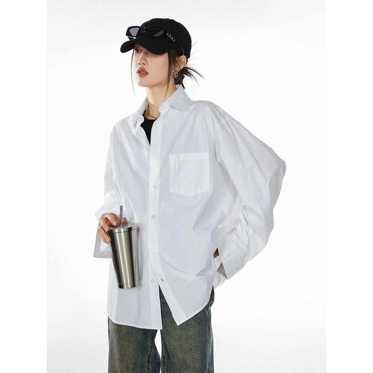 ICH MODE 美式复古白衬衫女夏季新款宽松流行衬衣外套上衣慵懒风