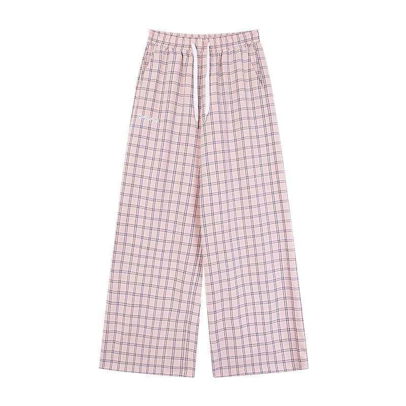 野生zero蓝格子裤女夏季薄款松紧腰慵懒宽松阔腿直筒休闲显瘦裤子