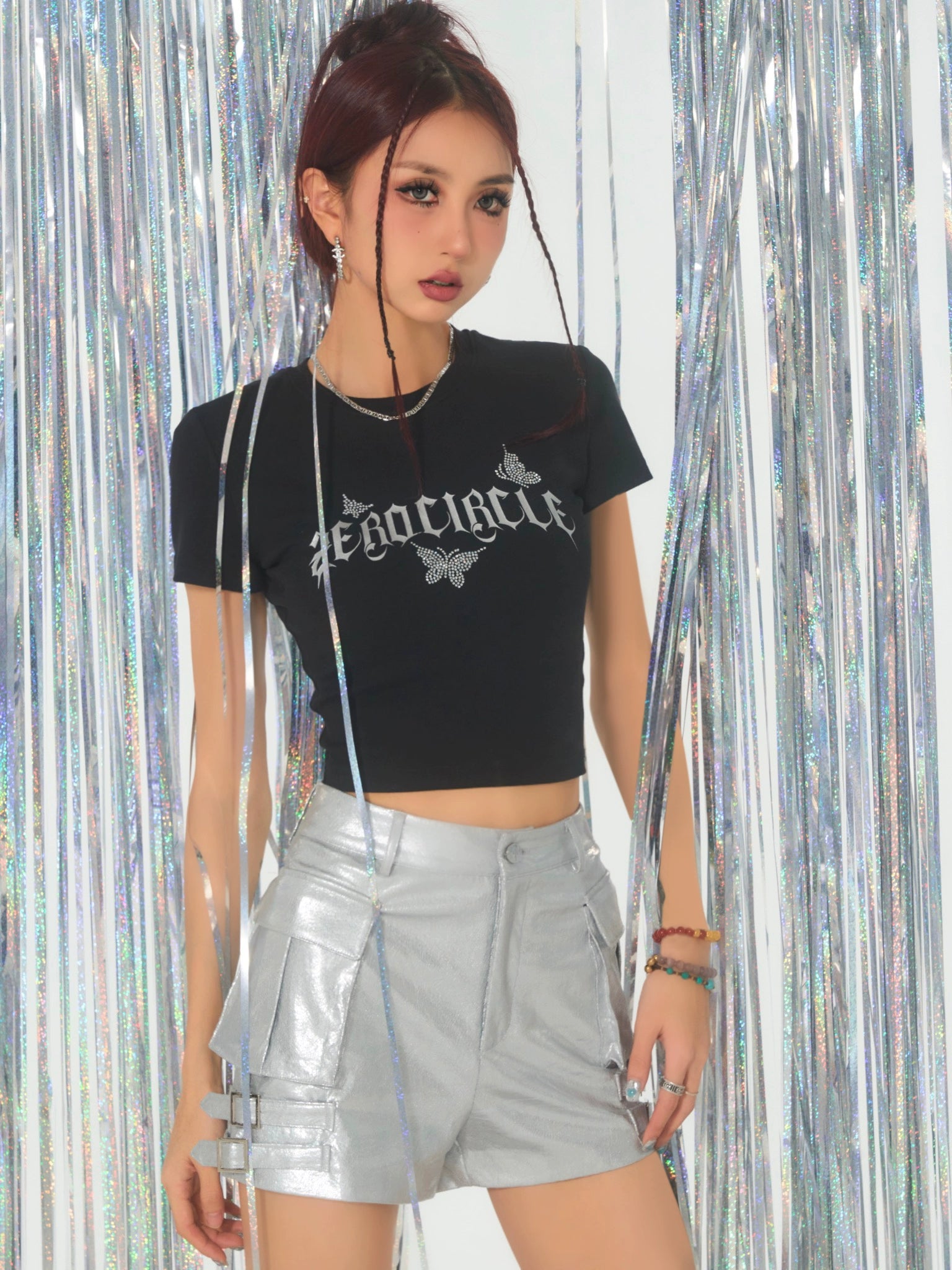 野生zerocircle 黑粉色烫钻正肩短袖t恤女夏辣妹修身显瘦短款上衣