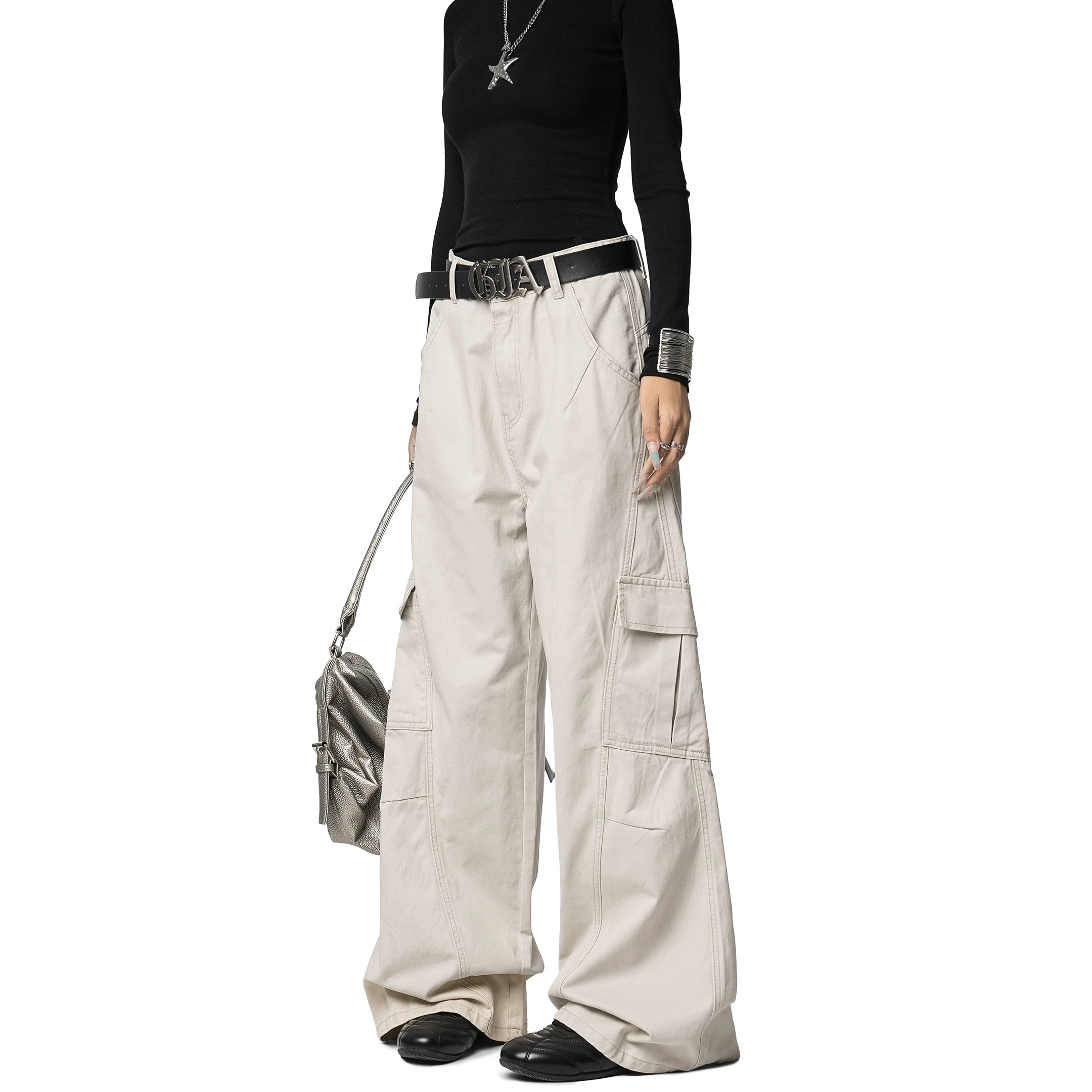 ICH MODE 美式复古宽松阔腿休闲裤女秋冬百搭直筒裤工装裤运动裤