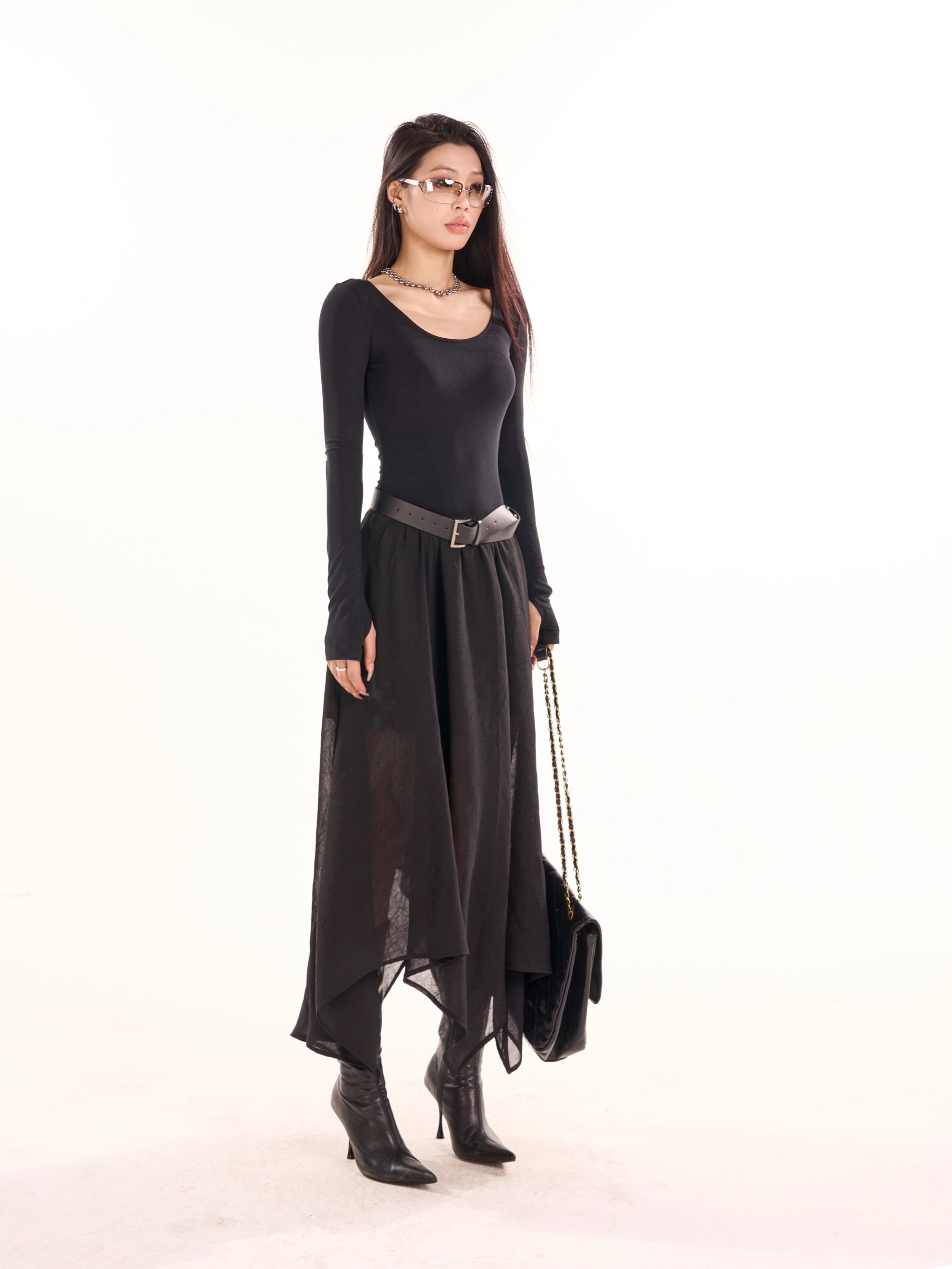 野生zerocircle 黑杏色a字长袖连衣裙女春秋辣妹显瘦修身收腰裙子