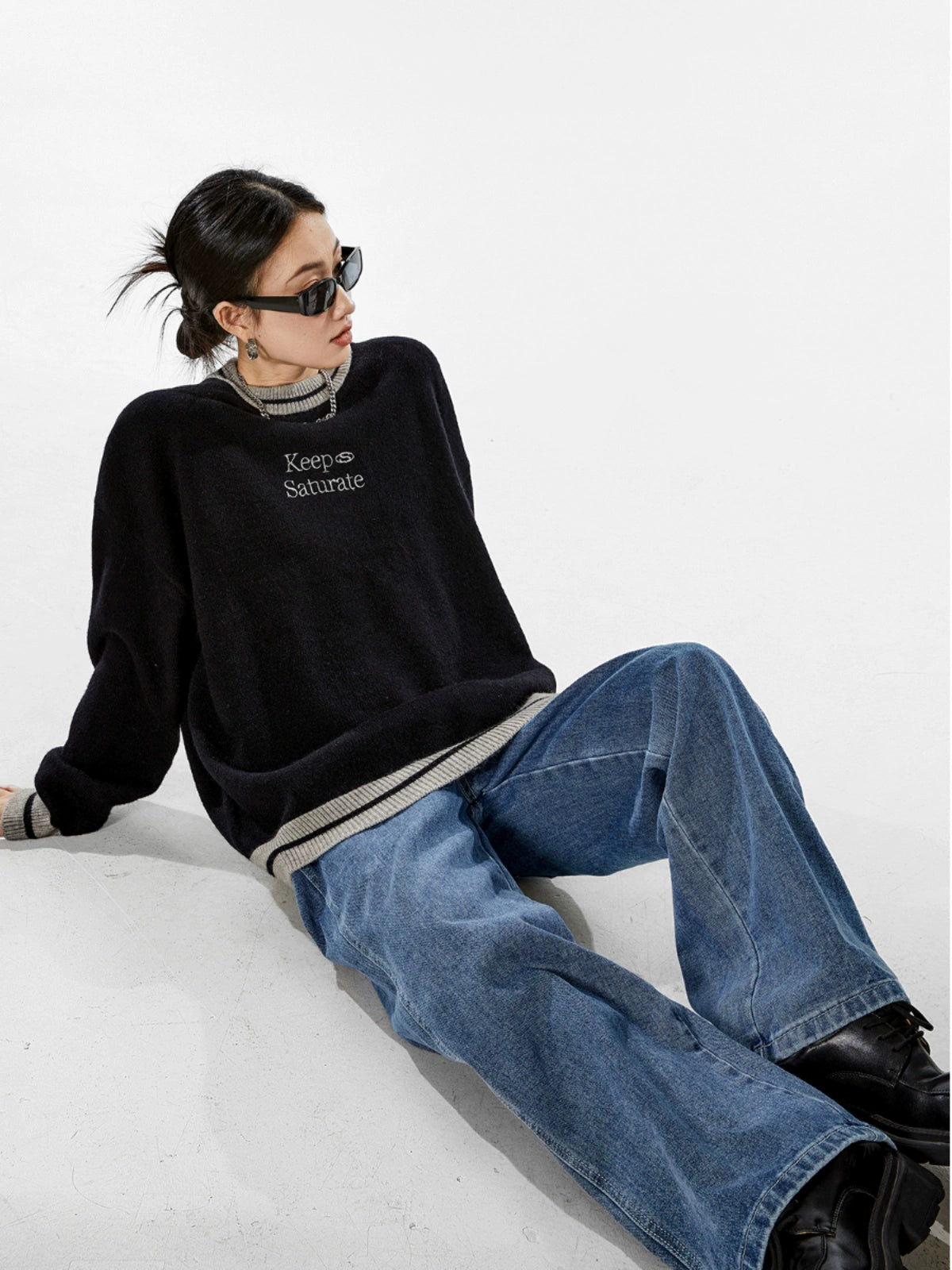 ICH MODE 美式复古圆领毛衣秋冬女宽松针织衫外套慵懒风2025新款