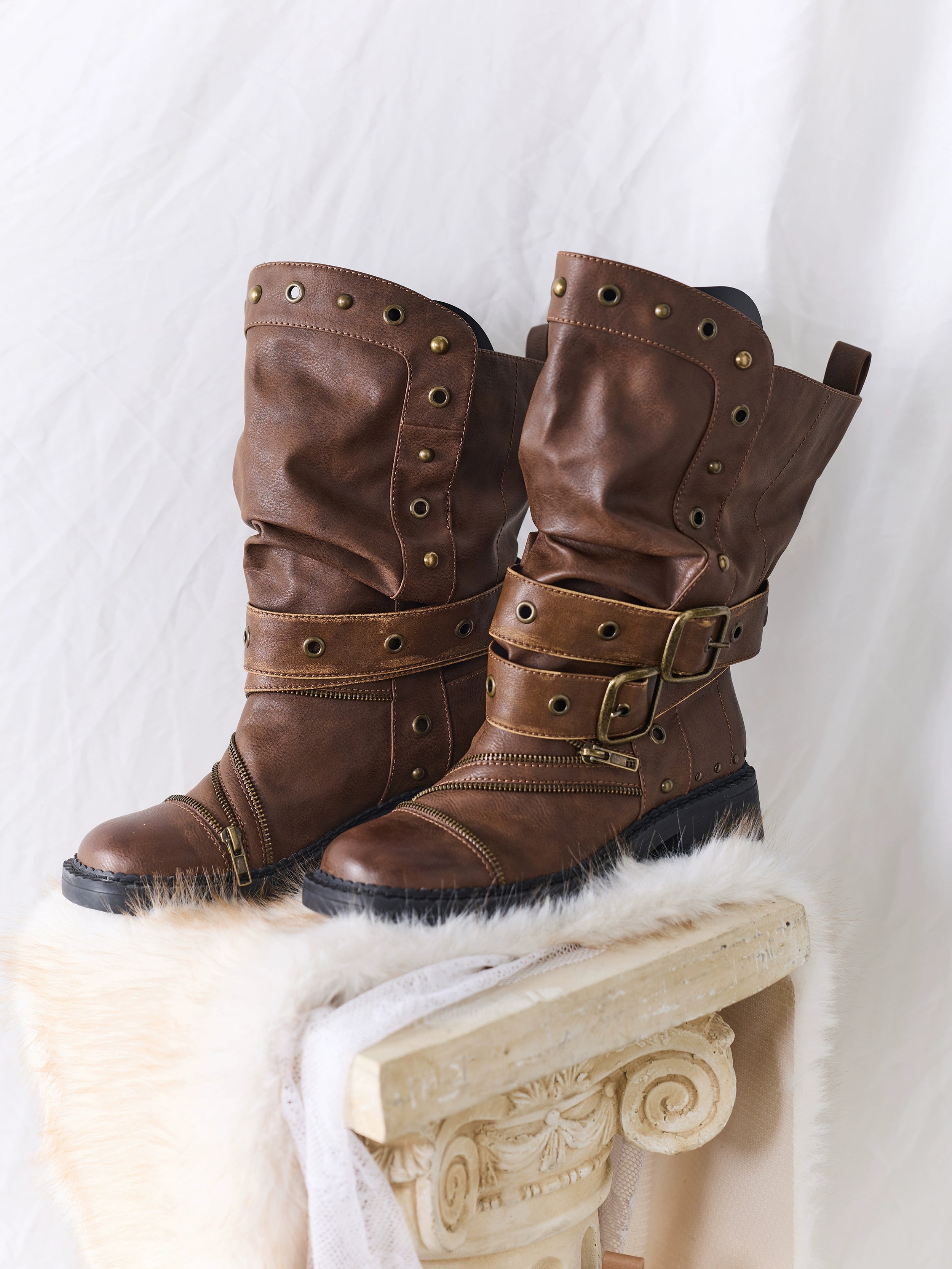 2th Desire原创时髦复古棕色重工做旧擦色拉链铆钉堆叠中筒长靴