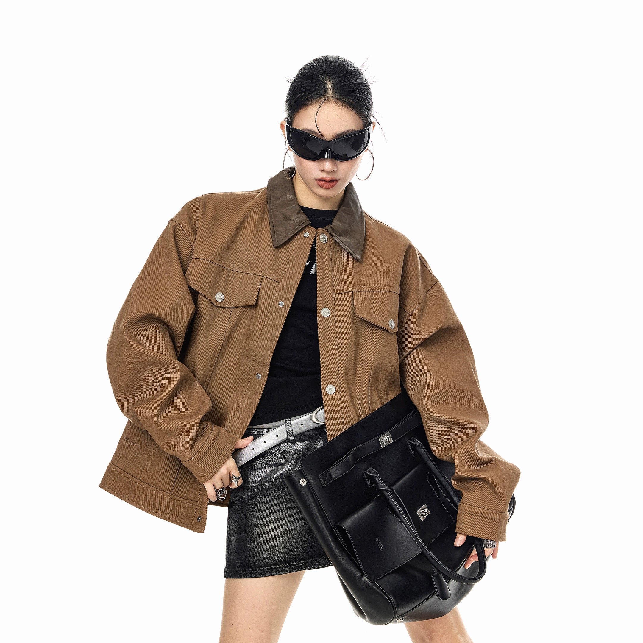 ICH MODE 美式复古撞色翻领外套女2025新款秋冬季巴恩风夹克上衣