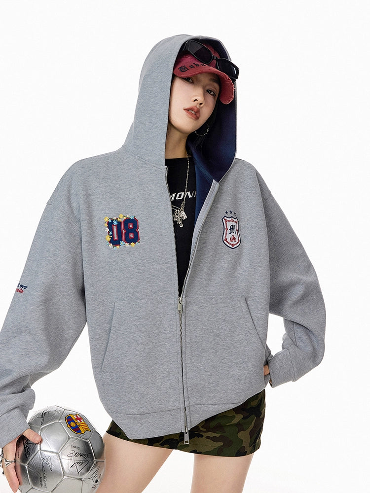 ICH MODE 美式复古撞色刺绣开衫外套女2025秋冬新款休闲连帽卫衣