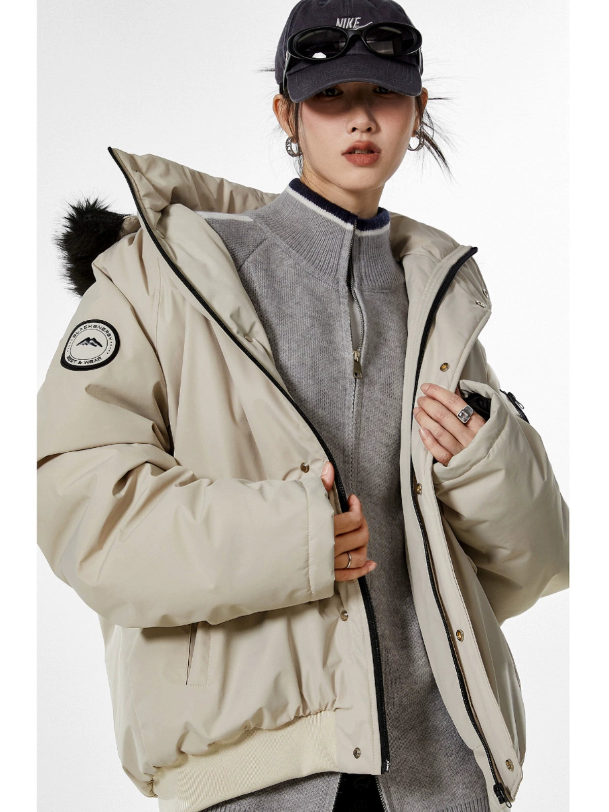 ICH MODE 美式复古派克服蓝色棉服女冬季工装外套棉衣棉袄新款