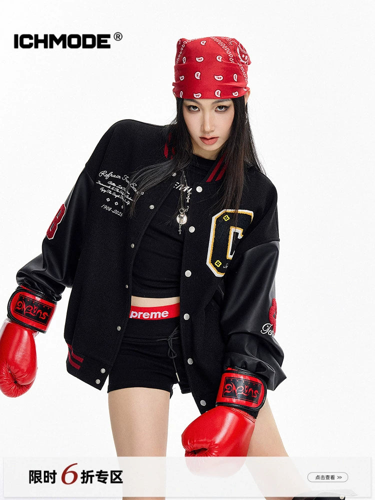 ICH MODE 美式复古撞色外套女2025年新款秋冬开衫上衣宽松棒球服