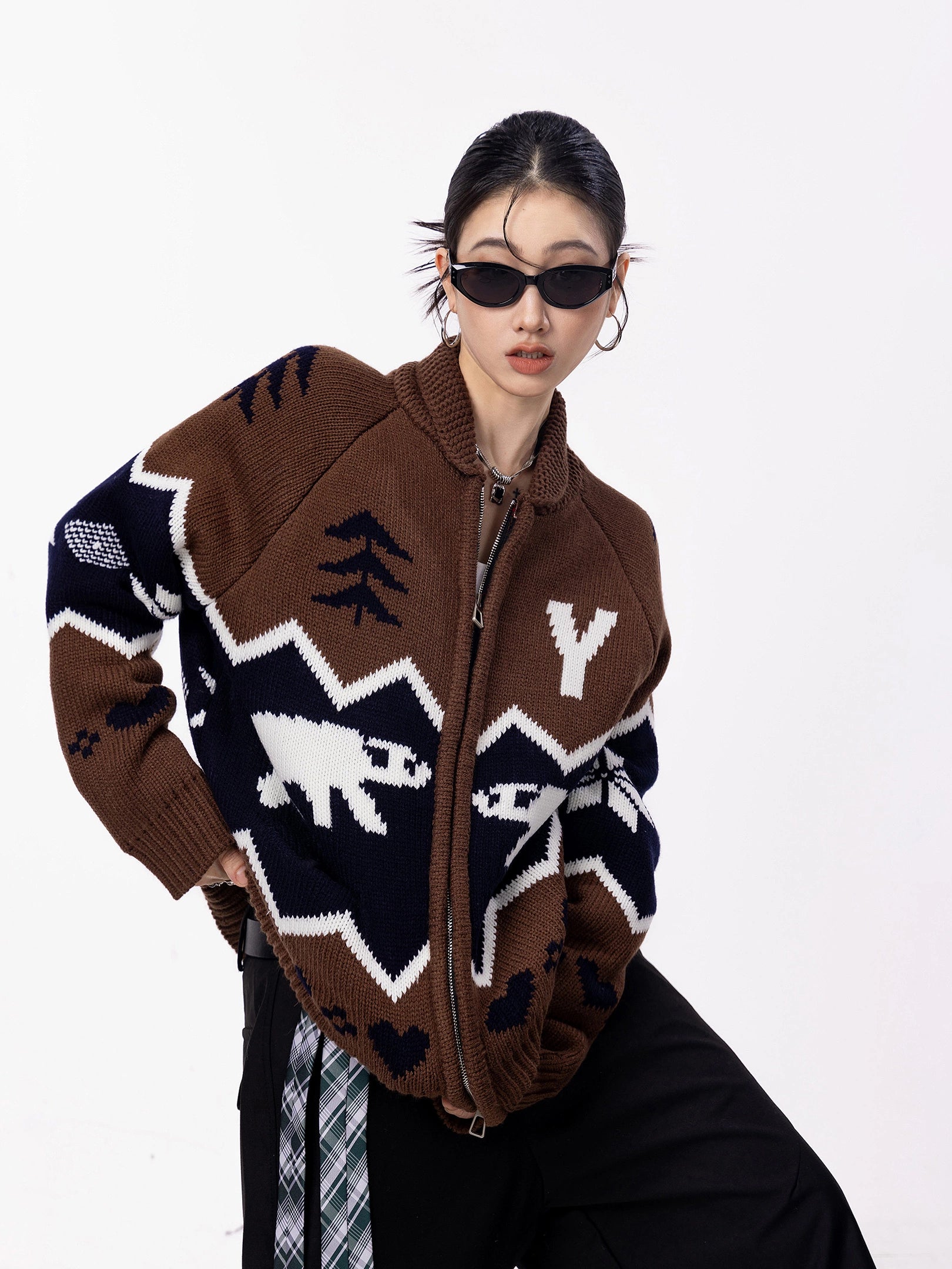 ICH MODE 美式复古提花针织开衫女秋冬宽松外搭休闲慵懒毛衣外套