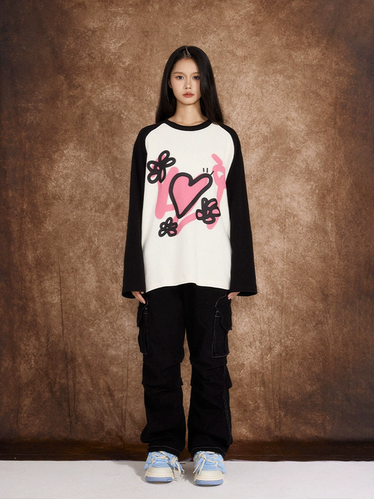 eeeeArtmonster爱心华夫格长袖男女潮流秋季美式宽松T恤ins上衣