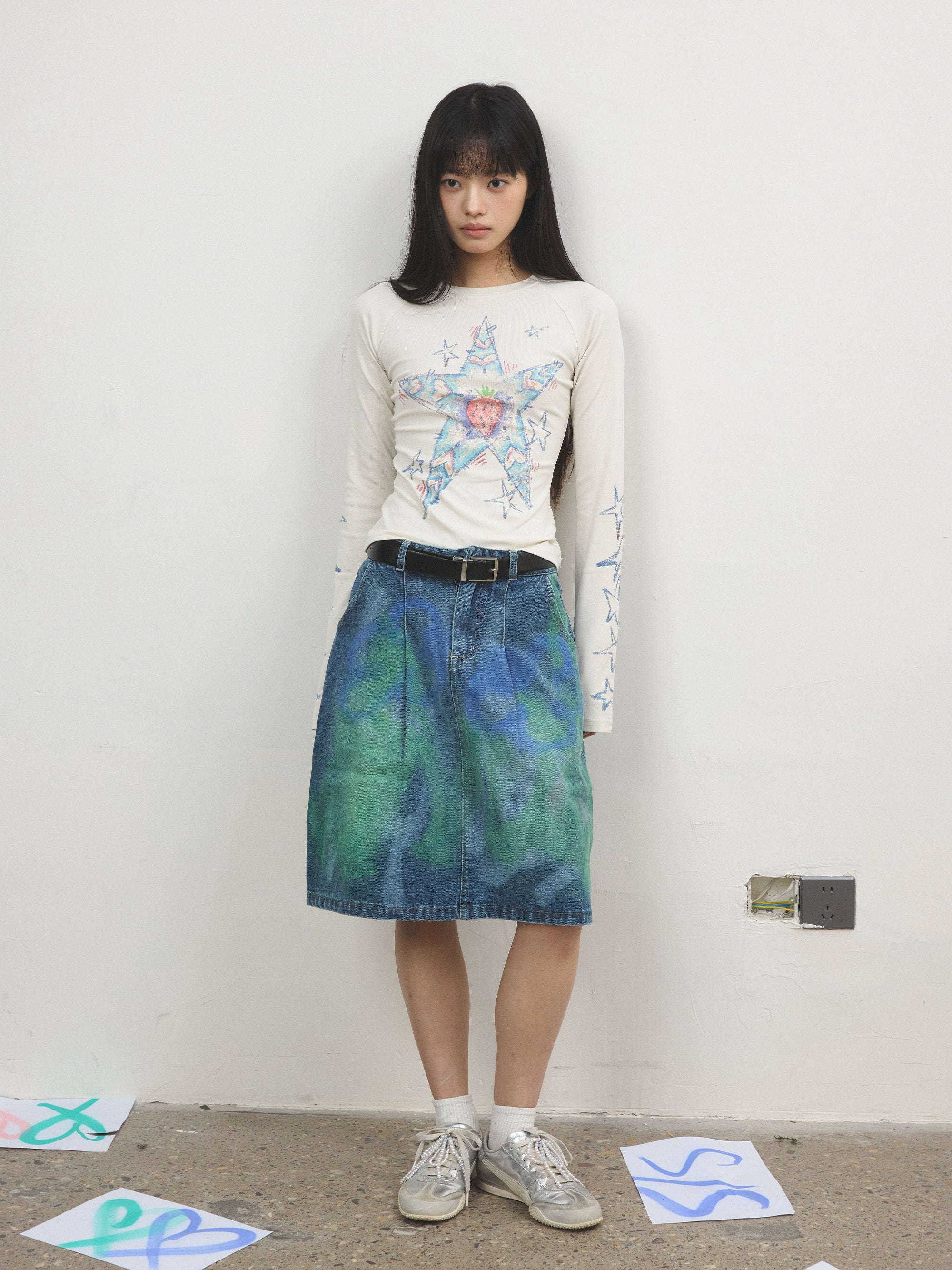 eeeeArtmonster“星星草莓多士”蜡笔手绘涂鸦长袖T恤辣妹打底衫