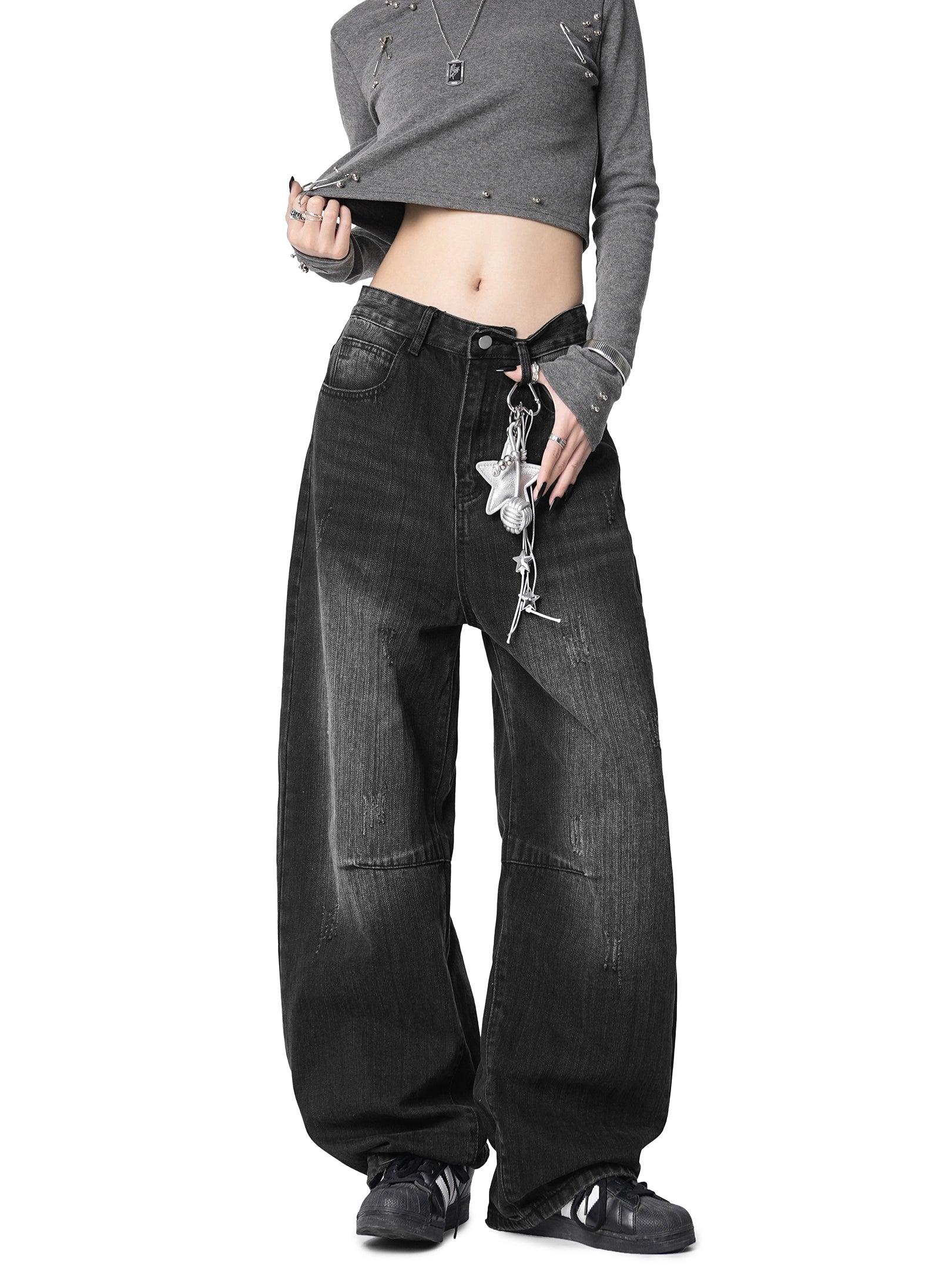 ICH MODE 美式复古水洗牛仔裤女休闲宽松直筒裤弯刀阔腿裤运动裤