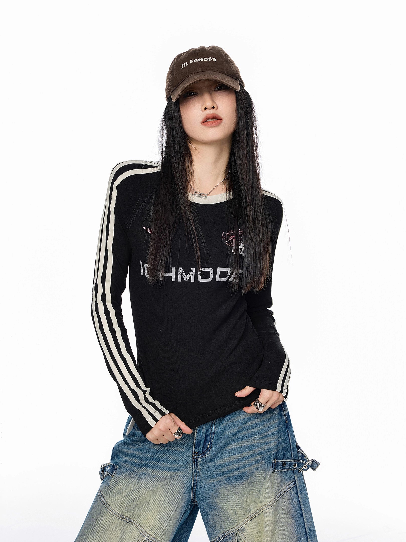 ICH MODE 美式复古正肩长袖T恤女秋冬新款修身运动正肩上衣打底衫