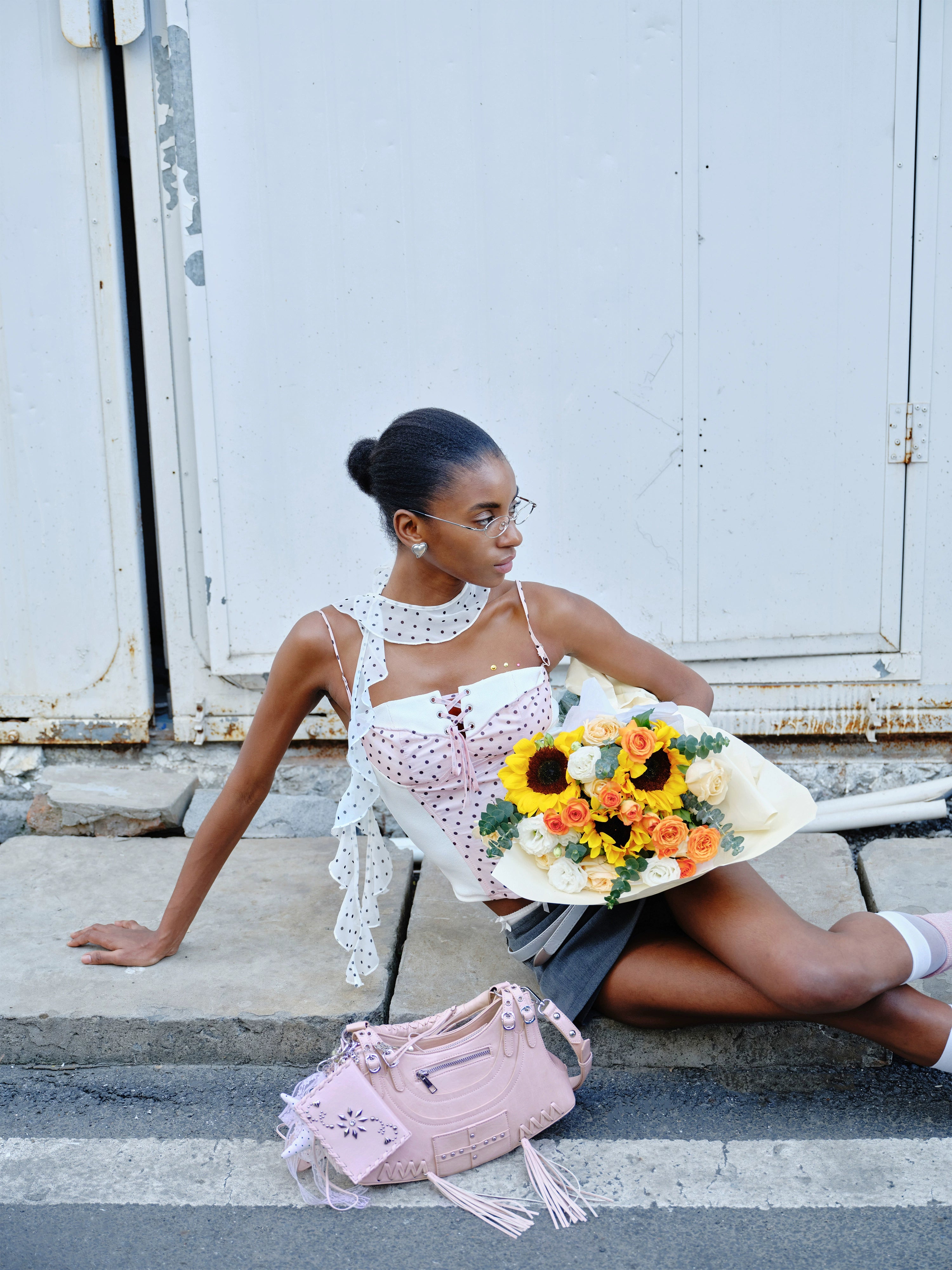 2th Desire复古手工铝丝格纹波点撞色露背绑带吊带背心无袖上衣女