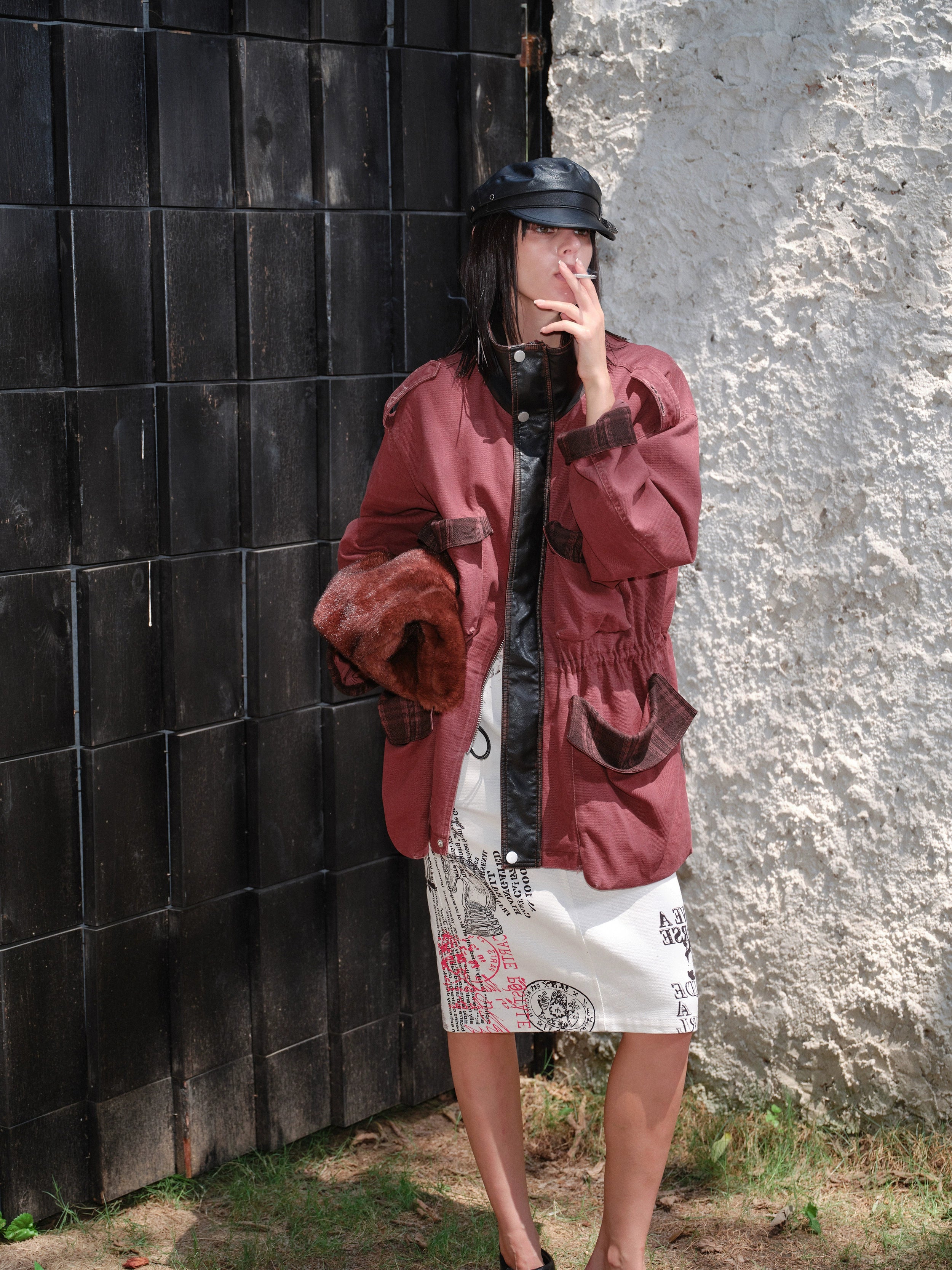 2th Desire重工做旧磨破复古拼色拉链中长款立体口袋工装风衣外套