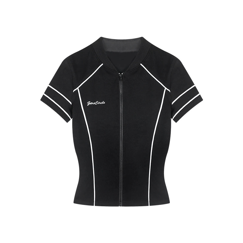 野生zero 黑灰色拉链开衫针织上衣女夏季辣妹修身显瘦正肩短袖t恤