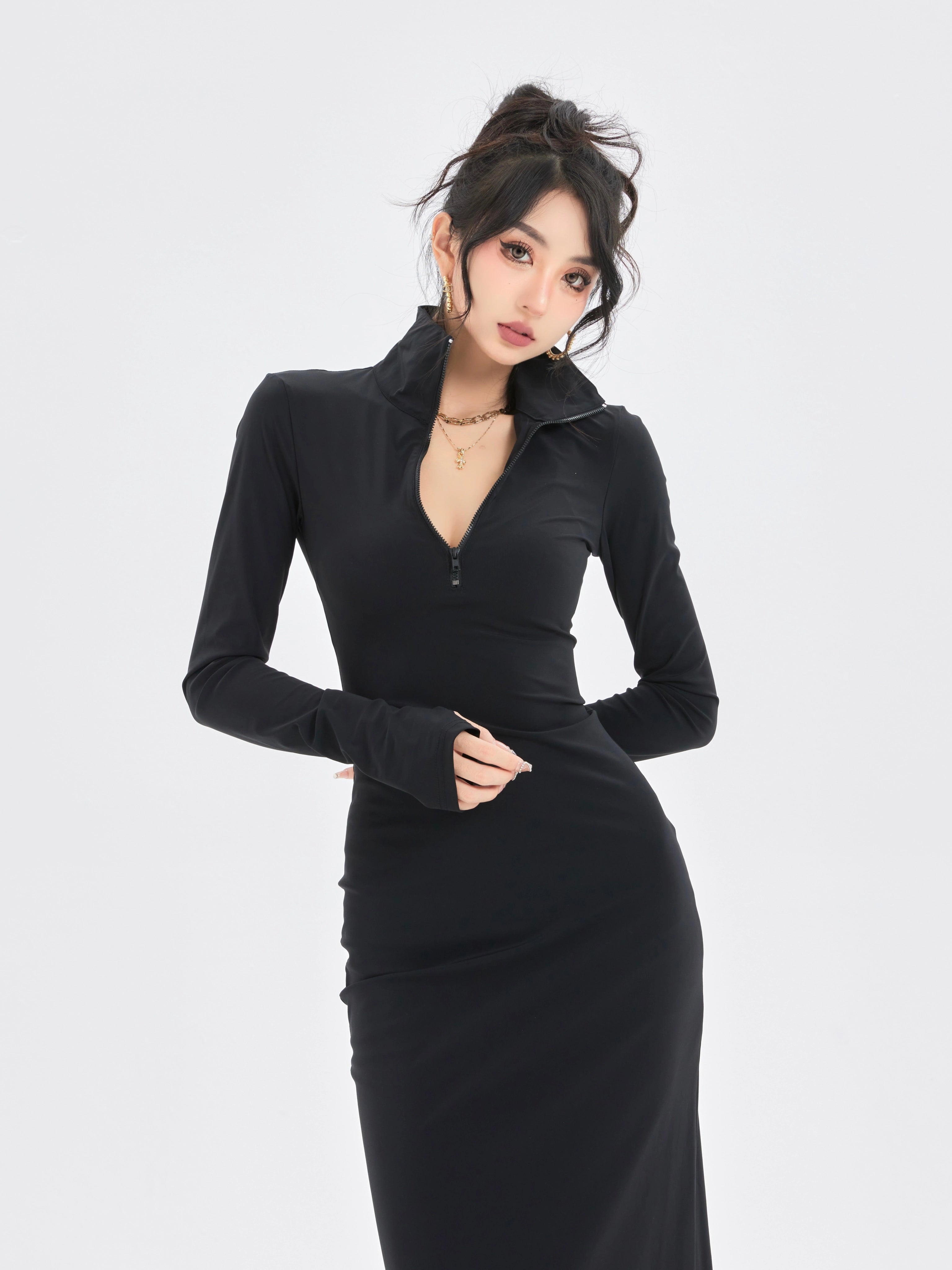 野生zerocircle黑色针织辣妹连衣裙女春收腰紧身包臀开叉中长裙子