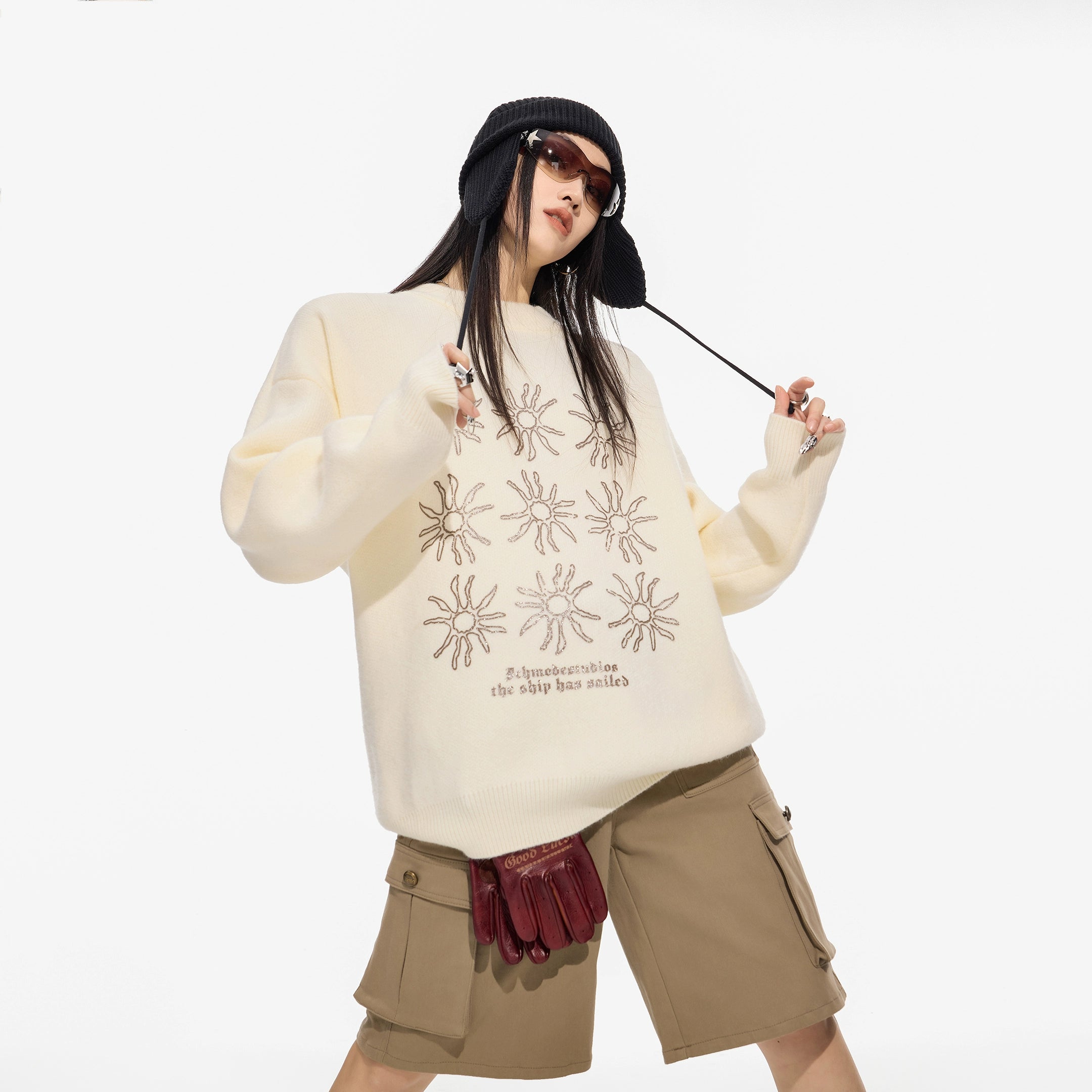 ICH MODE 美式复古太阳花圆领毛衣女秋冬季慵懒高级感长袖针织衫